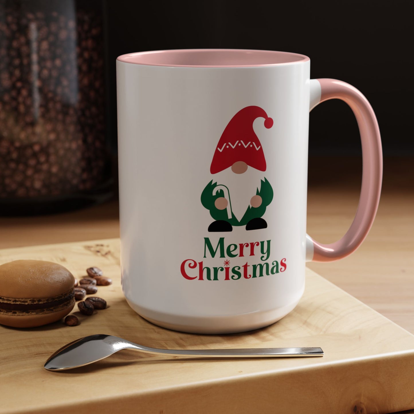Christmas Mug - Merry Christmas Green & Red Text Gnome Candy Cane