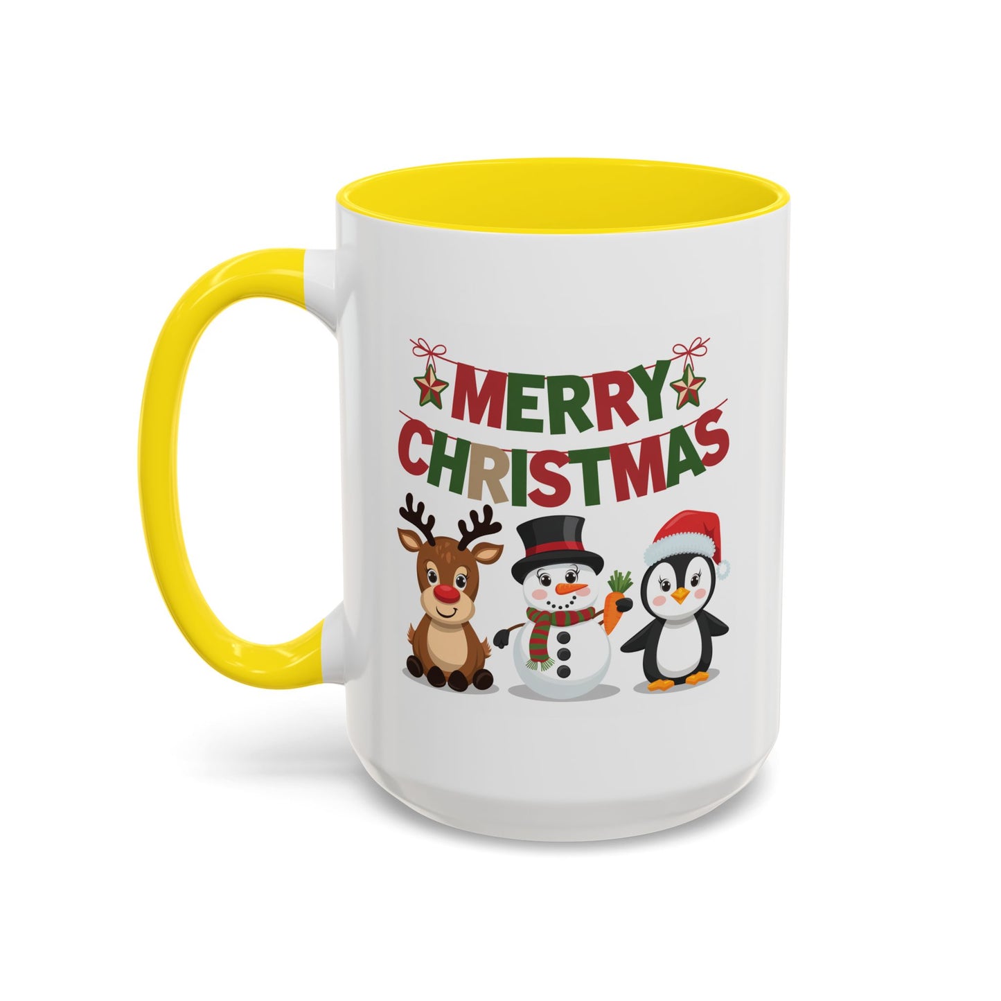 Christmas Mug - Red Green & Gold Text Reindeer Snowman Penguin