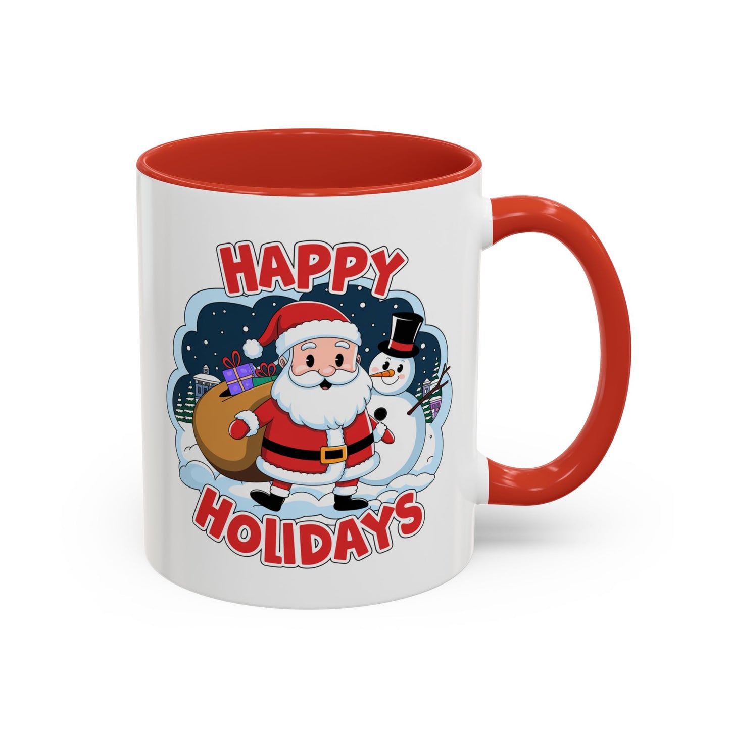 Christmas Mug - Happy Holidays Red & White Text Santa Snowman