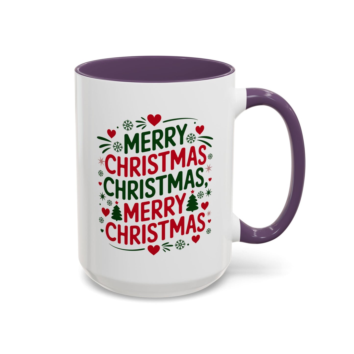Christmas Mug - Merry Christmas Green & Red Text Trees Hearts Snowflakes Stars