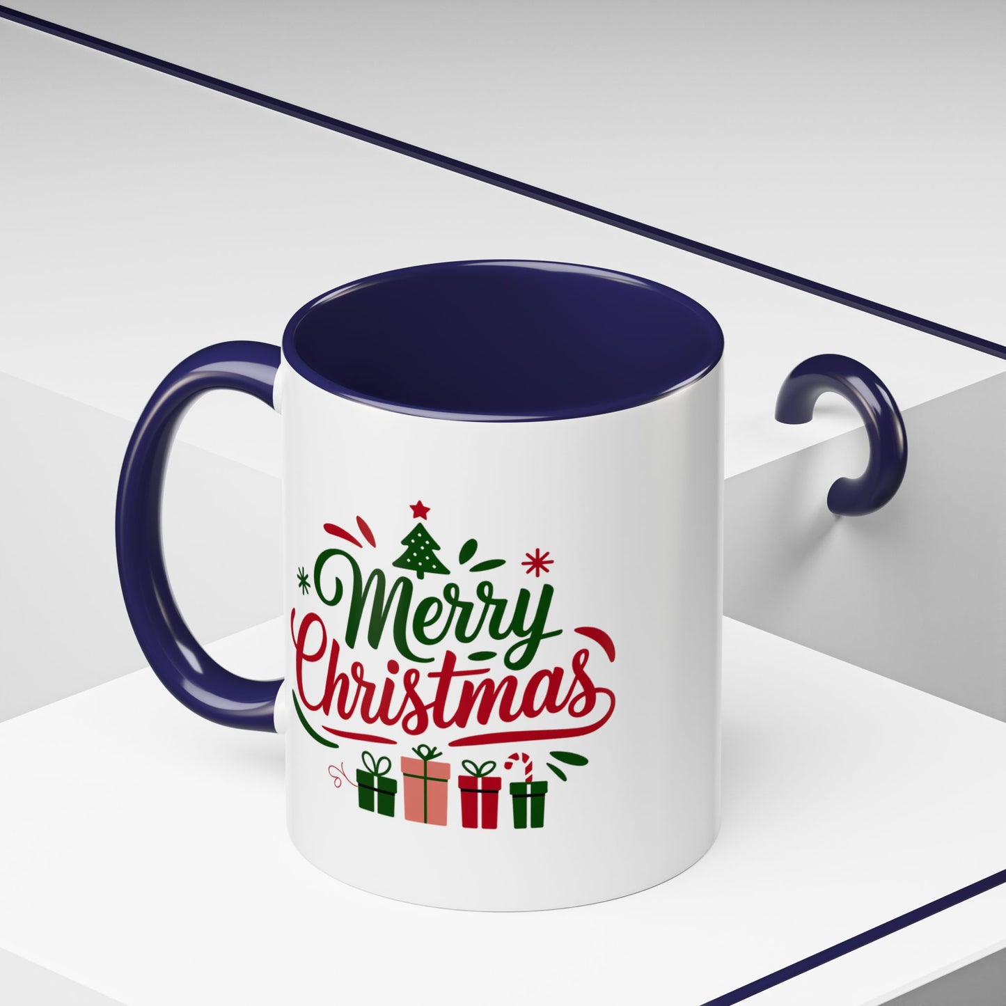 Christmas Mug - Merry Christmas Green & Red Text Tree Snowflakes Presents