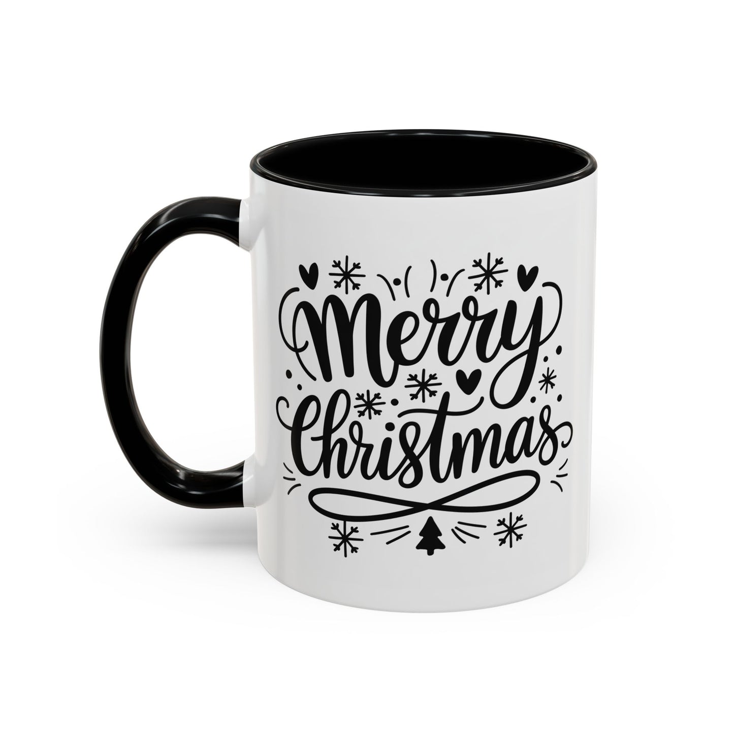 Christmas Mug - Merry Christmas Black Text Tree Snowflakes Hearts