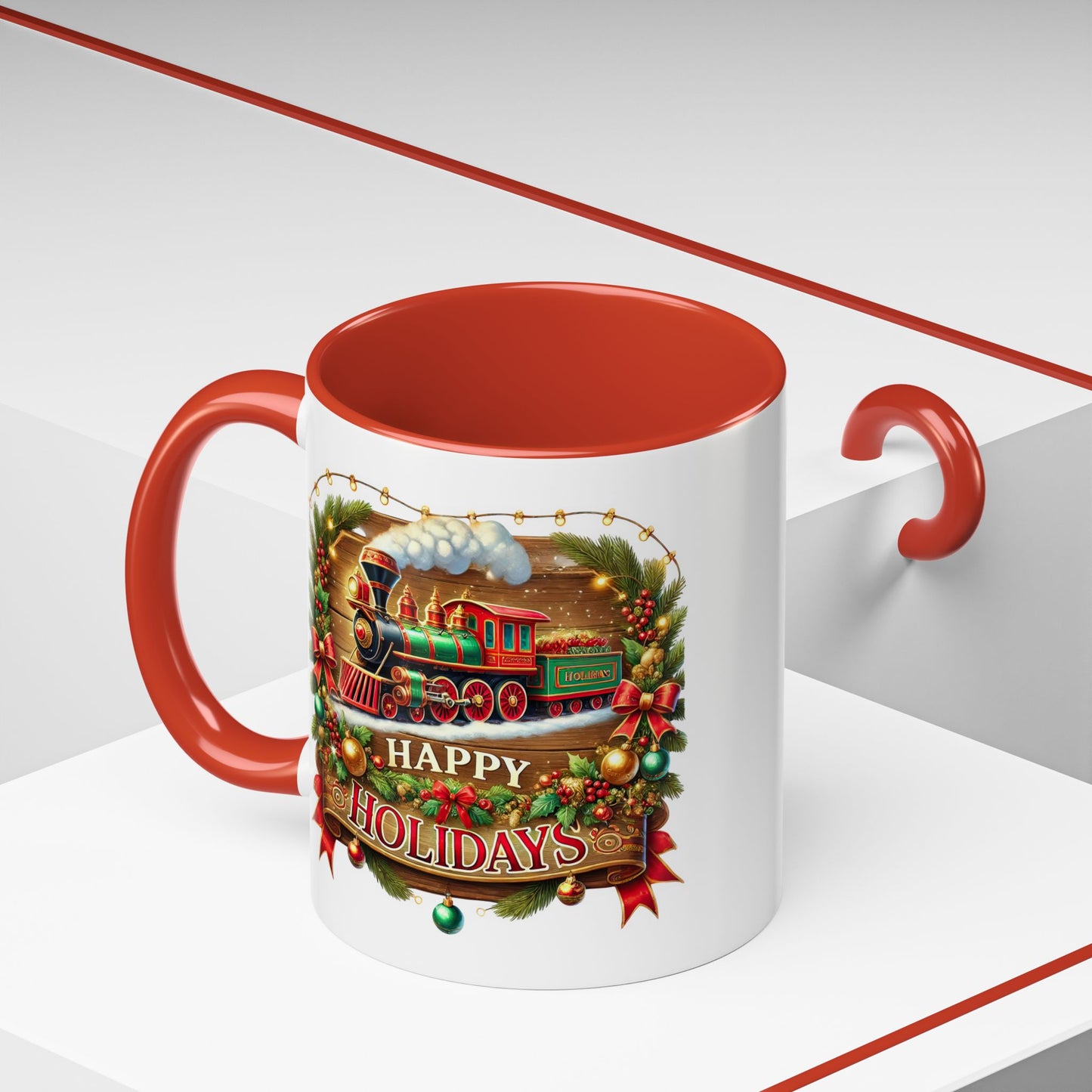 Christmas Mug - Happy Holidays White & Red Text Steam Locomotive