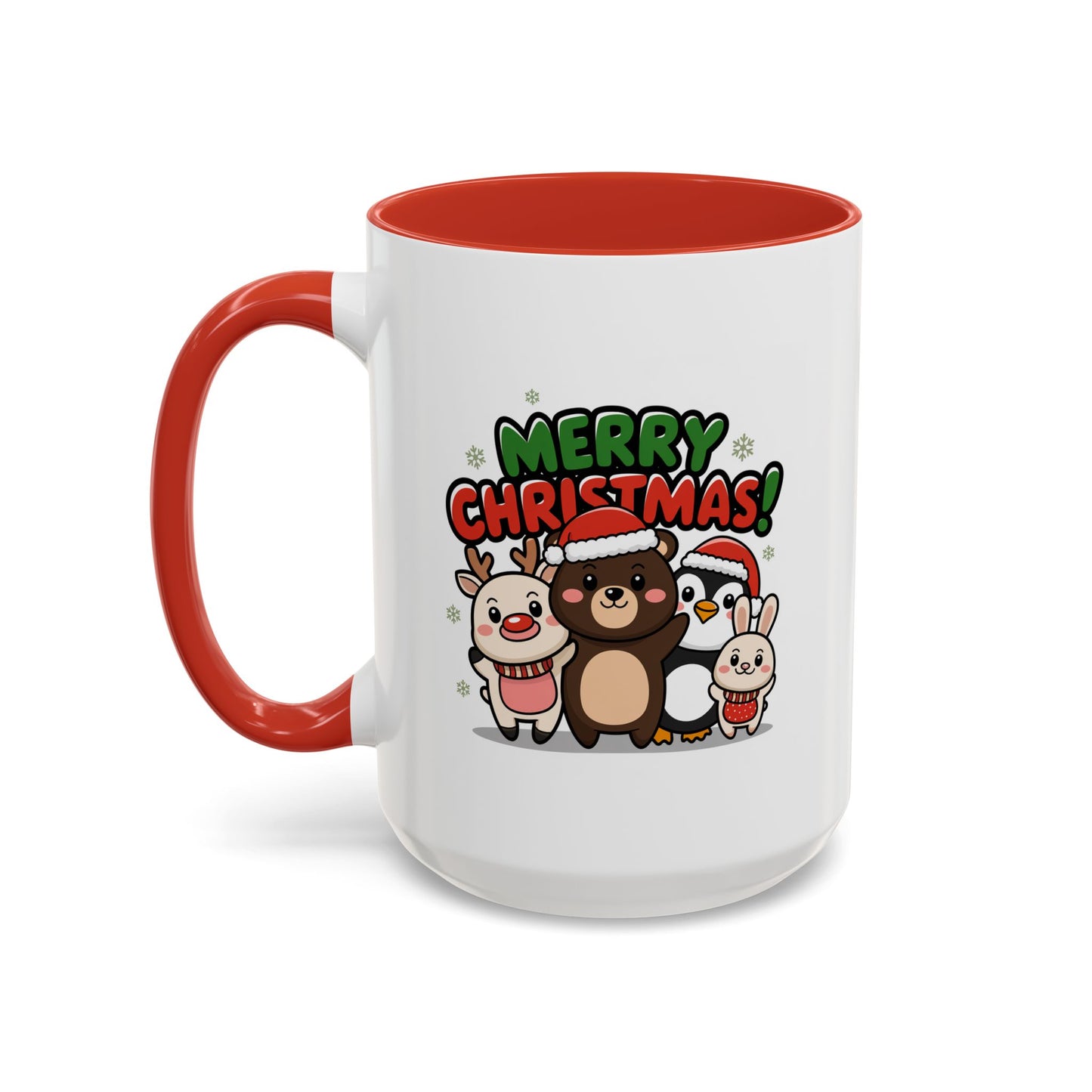 Christmas Mug - Merry Christmas Green & Red Text Cute Animals