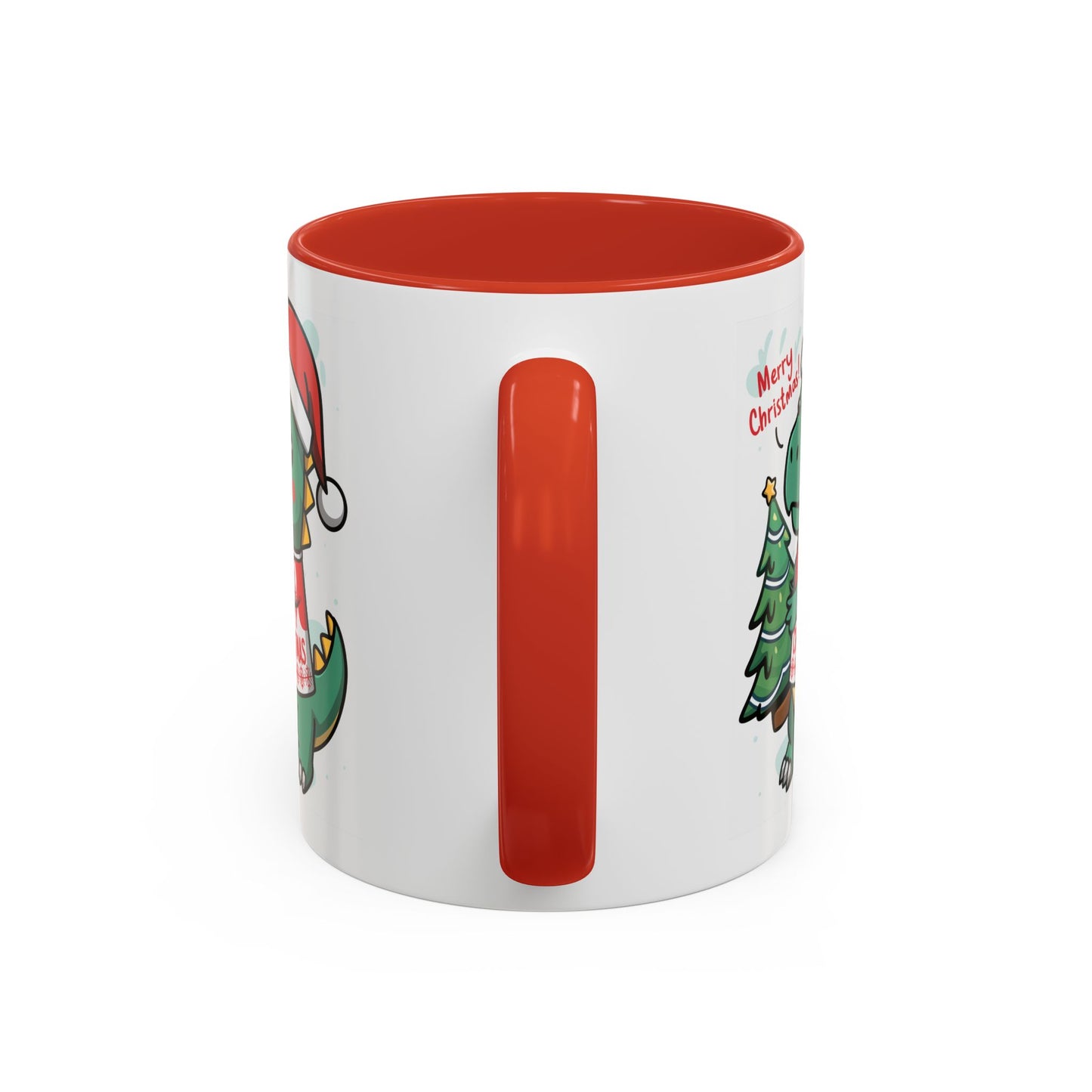 Christmas Mug - Merry Christmas Red Text Dinosaur Tree