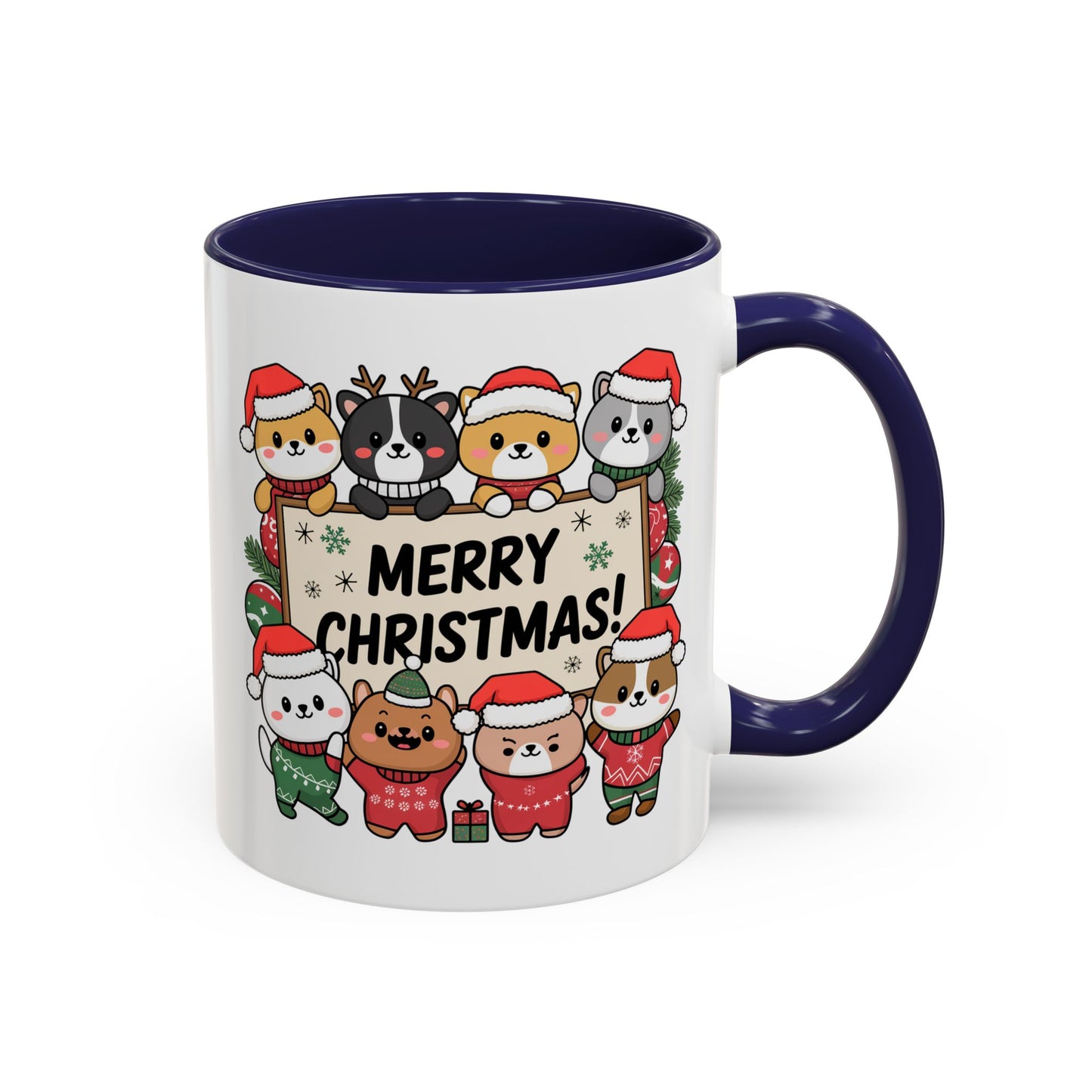 Christmas Mug - Merry Christmas Black Text Cute Animals