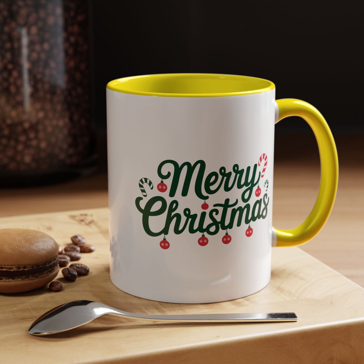 Christmas Mug - Merry Christmas Green Text Ornaments Candy Canes