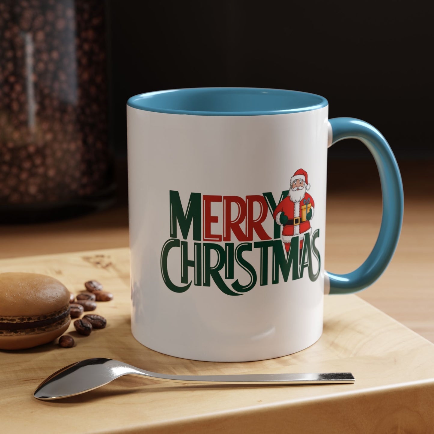 Christmas Mug - Merry Christmas Green & Red Text Santa Present