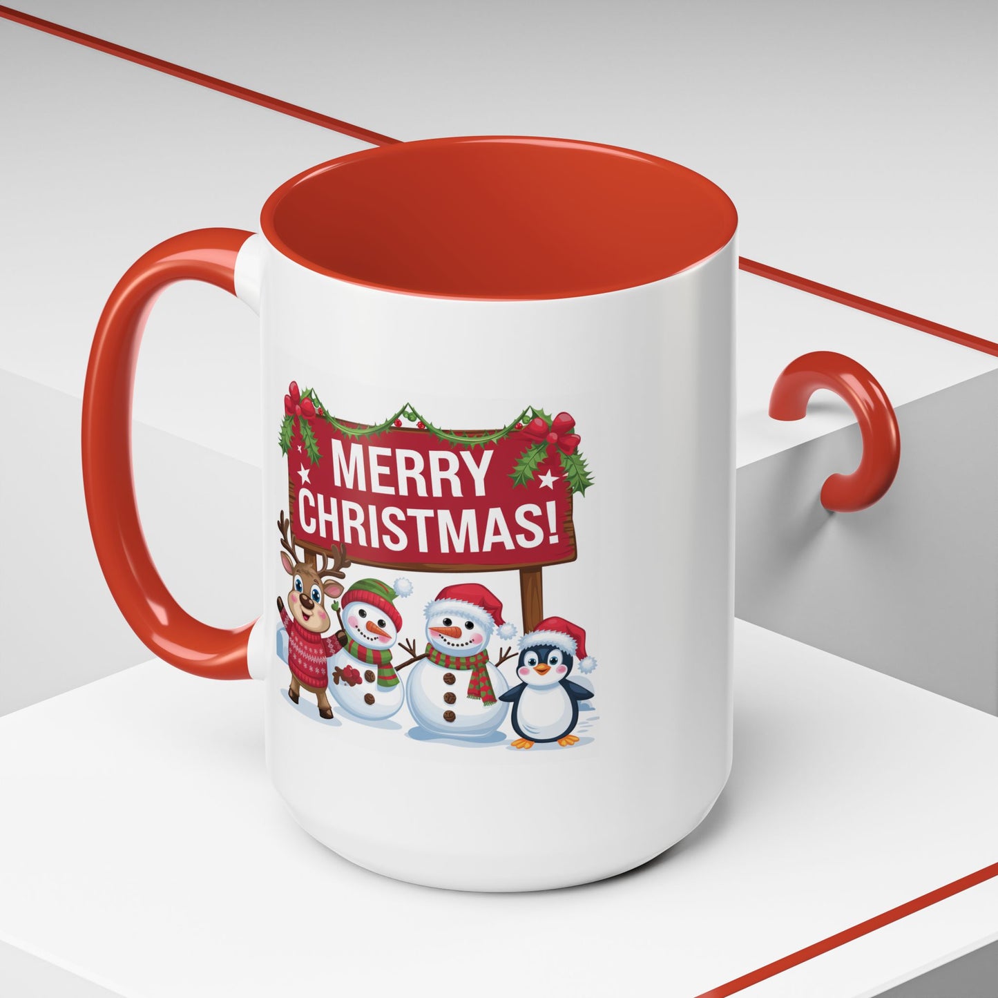 Christmas Mug - Merry Christmas White Text Reindeer Snowmen Penguin