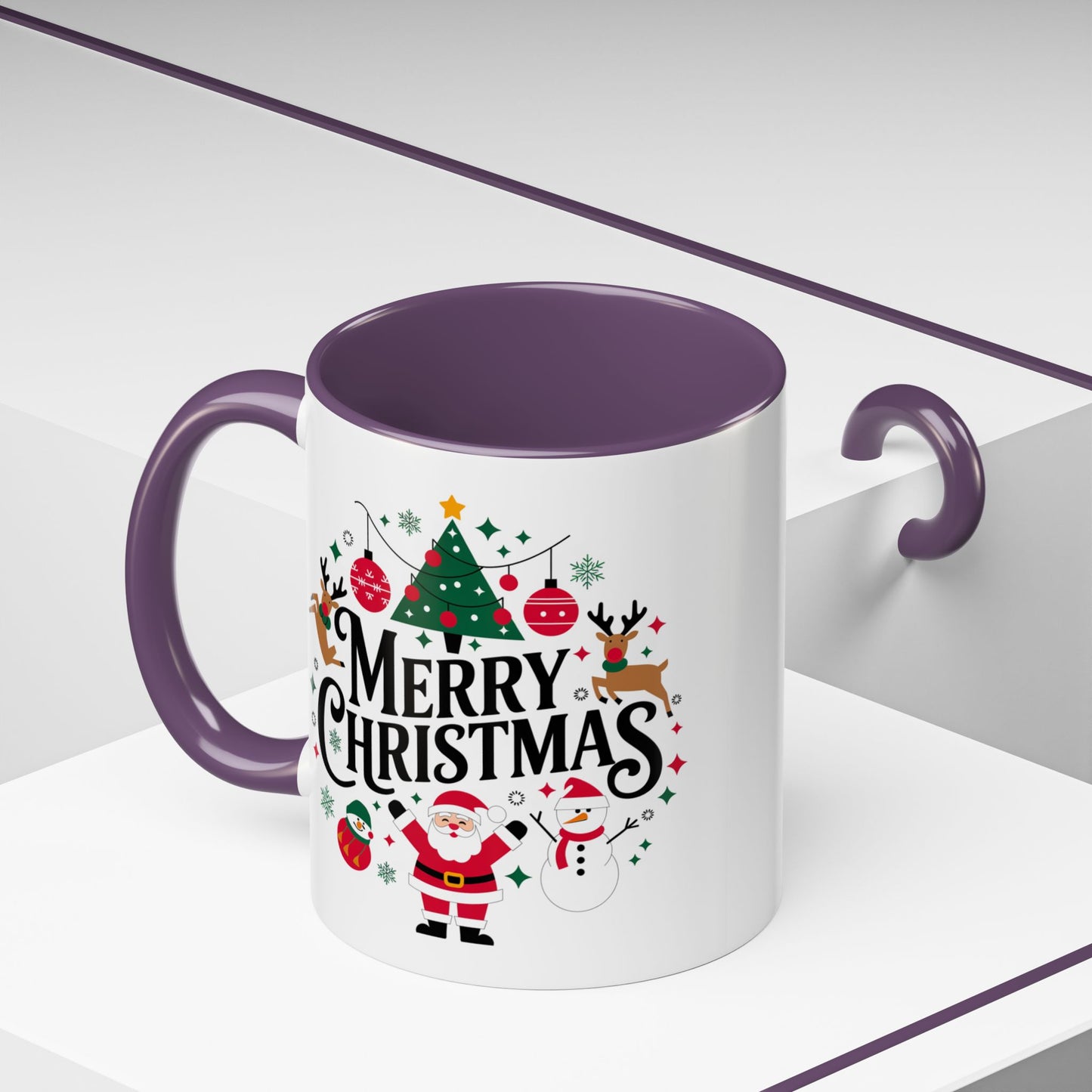 Christmas Mug - Merry Christmas Black Text Santa Reindeer Snowmen Ornaments