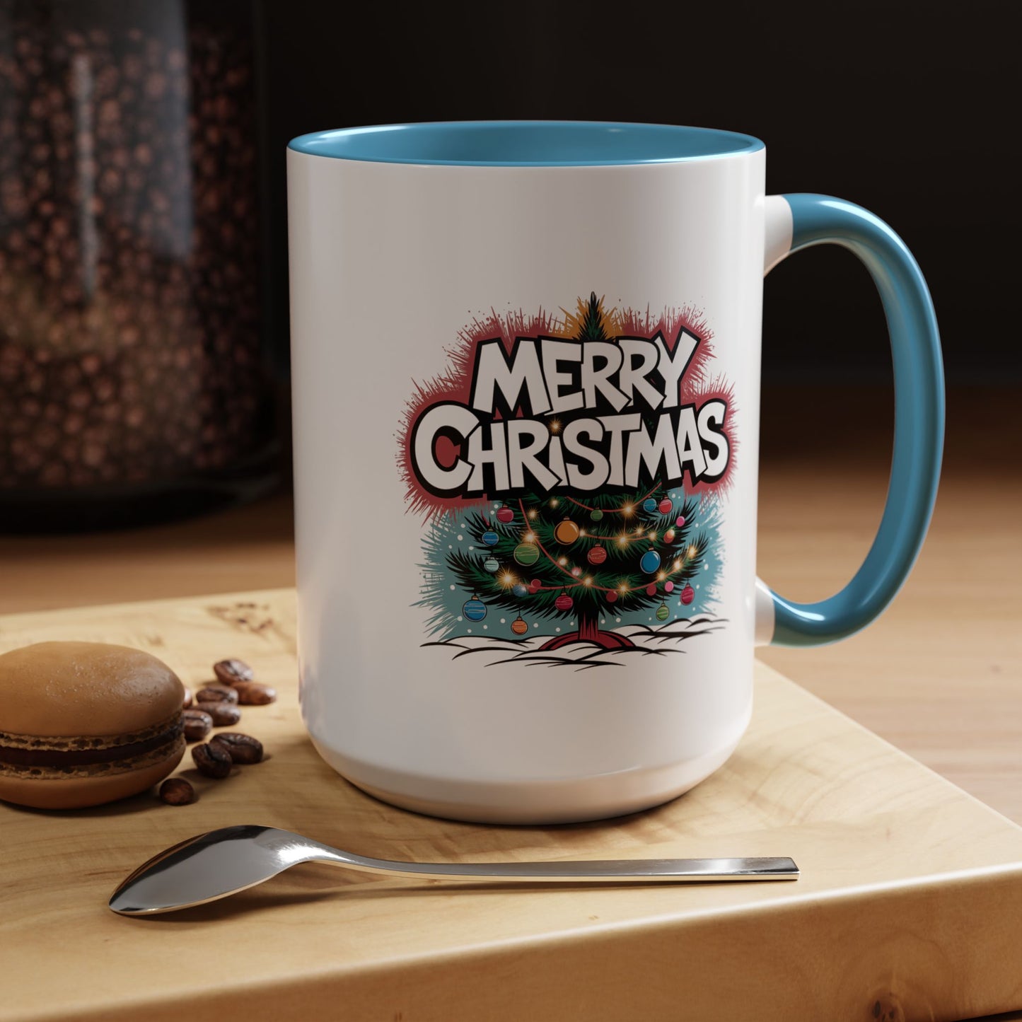Christmas Mug - Merry Christmas White & Red Text Tree Lights