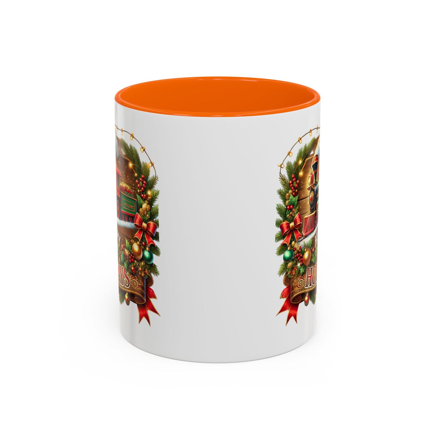 Christmas Mug - Happy Holidays White & Red Text Steam Locomotive