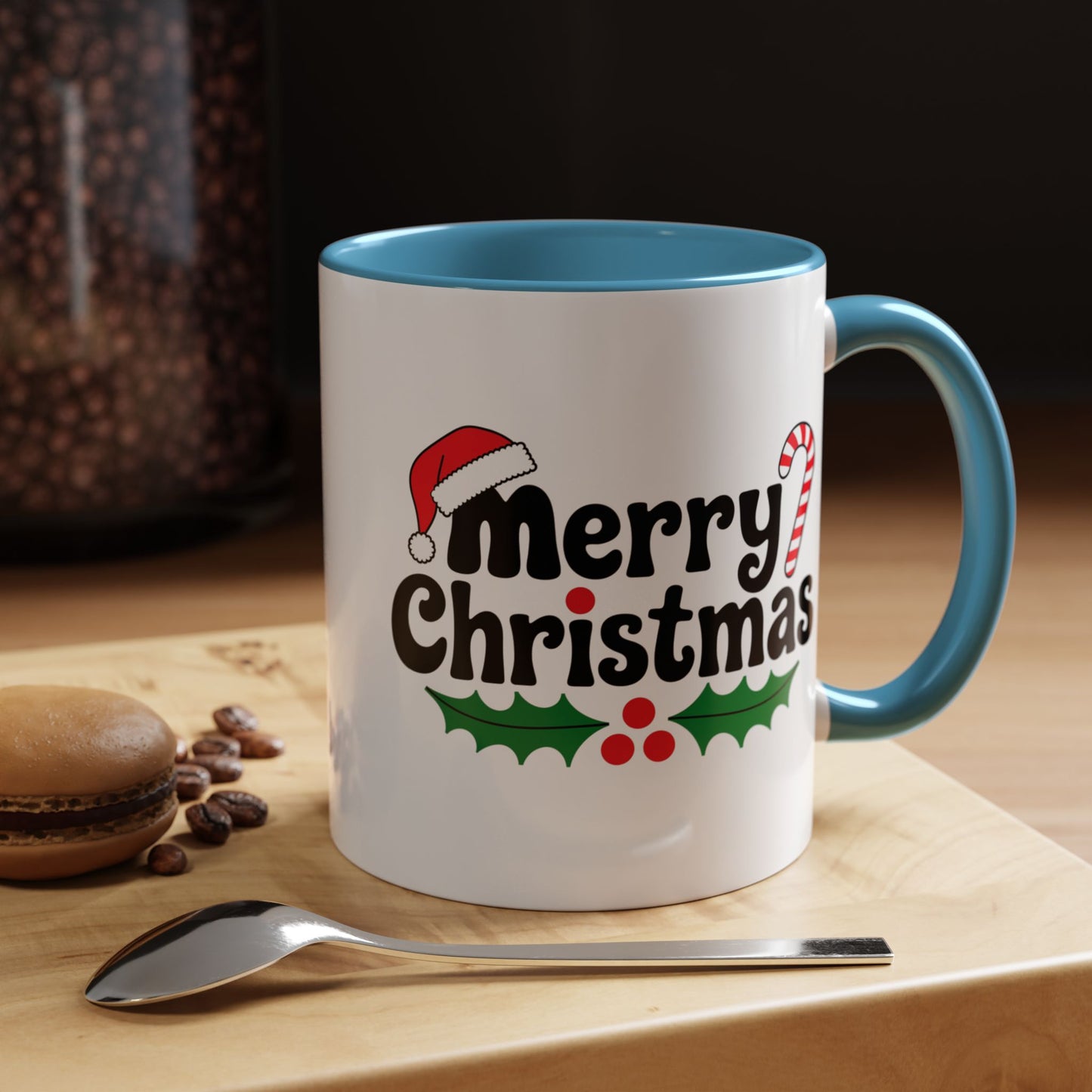 Christmas Mug - Merry Christmas Black Text Hat Candy Cane Mistletoe