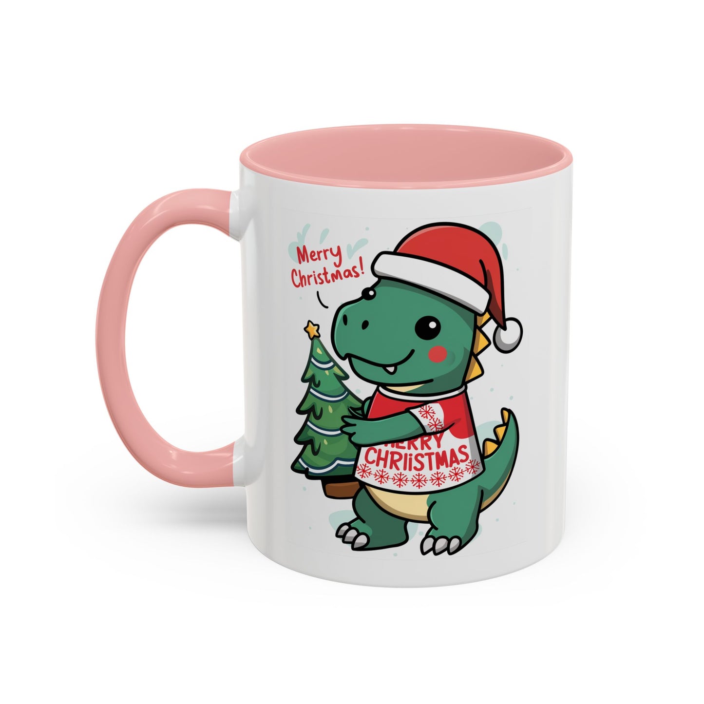 Christmas Mug - Merry Christmas Red Text Dinosaur Tree