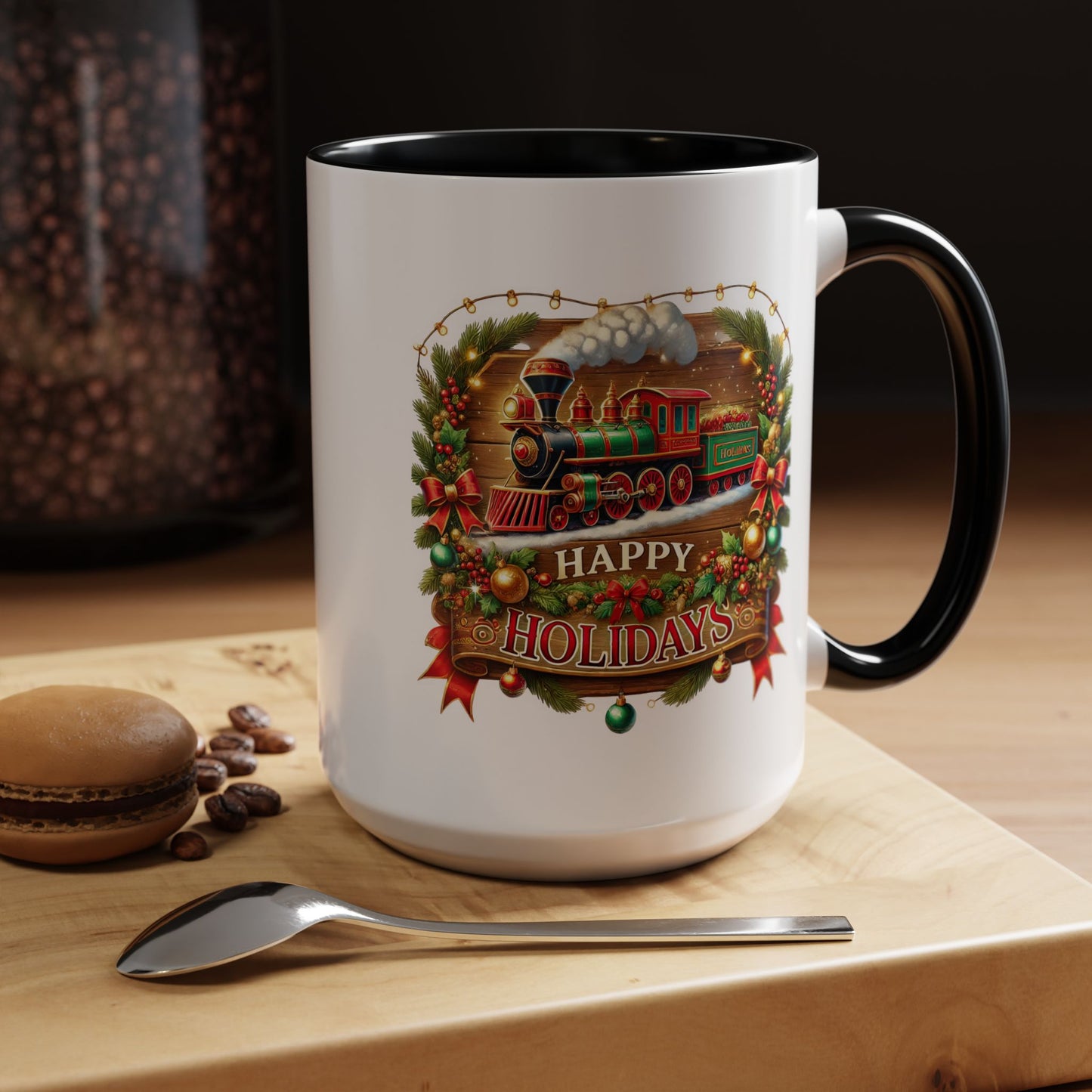Christmas Mug - Happy Holidays White & Red Text Steam Locomotive