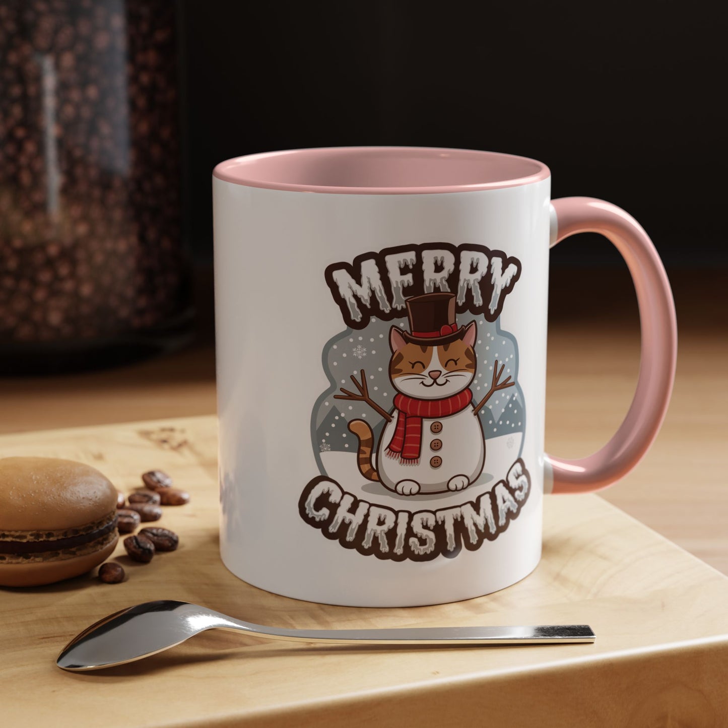 Christmas Mug - Merry Christmas Black & White Text Snowman Cat