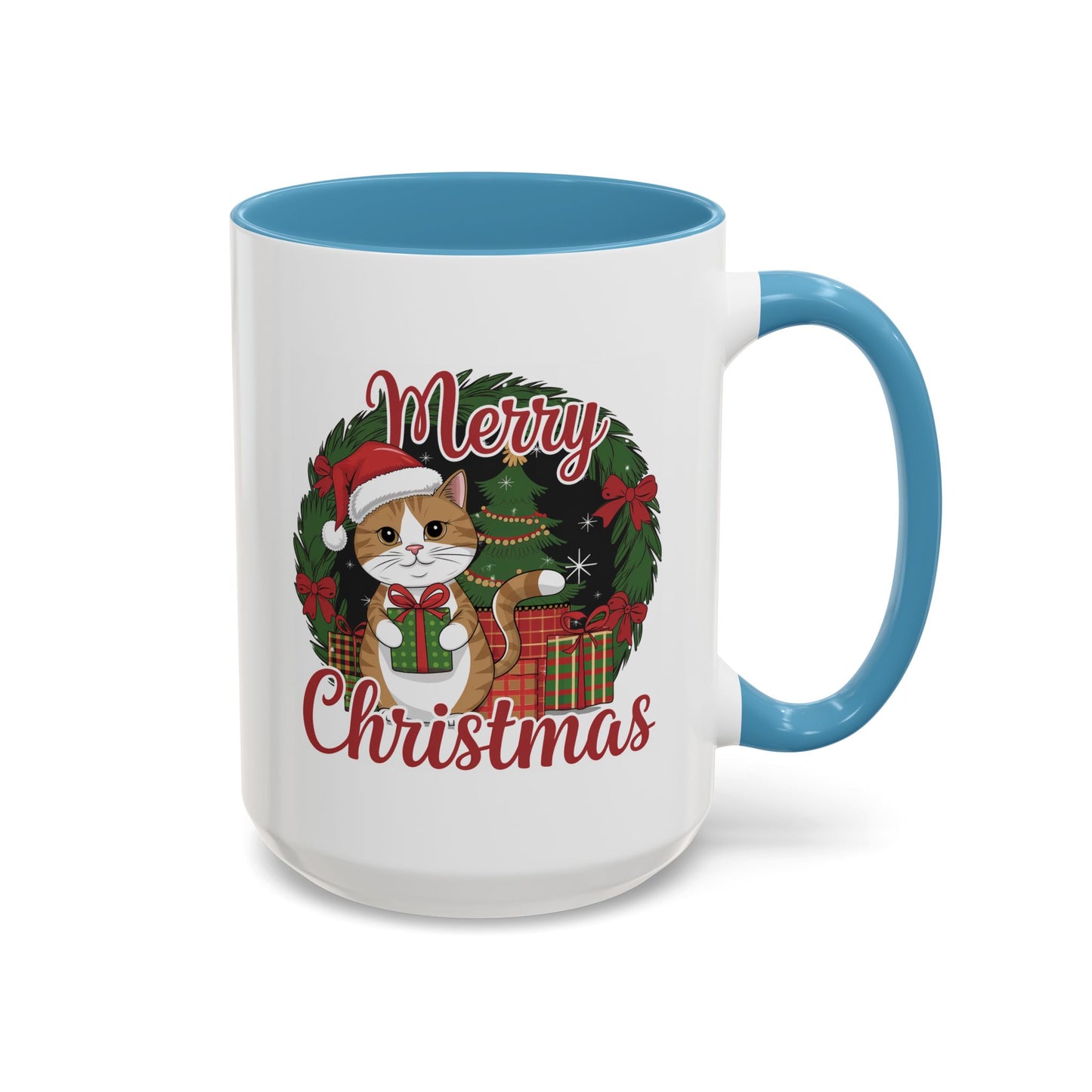 Christmas Mug - Merry Christmas Red Text Cat Presents Wreath
