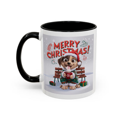 Christmas Mug - Merry Christmas Red Text Puppy Green Top
