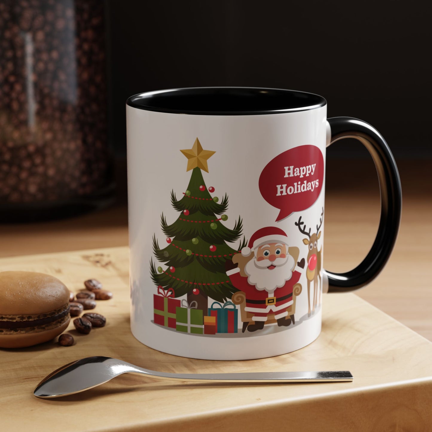 Christmas Mug - Happy Holidays Callout Santa Tree Presents Reindeer