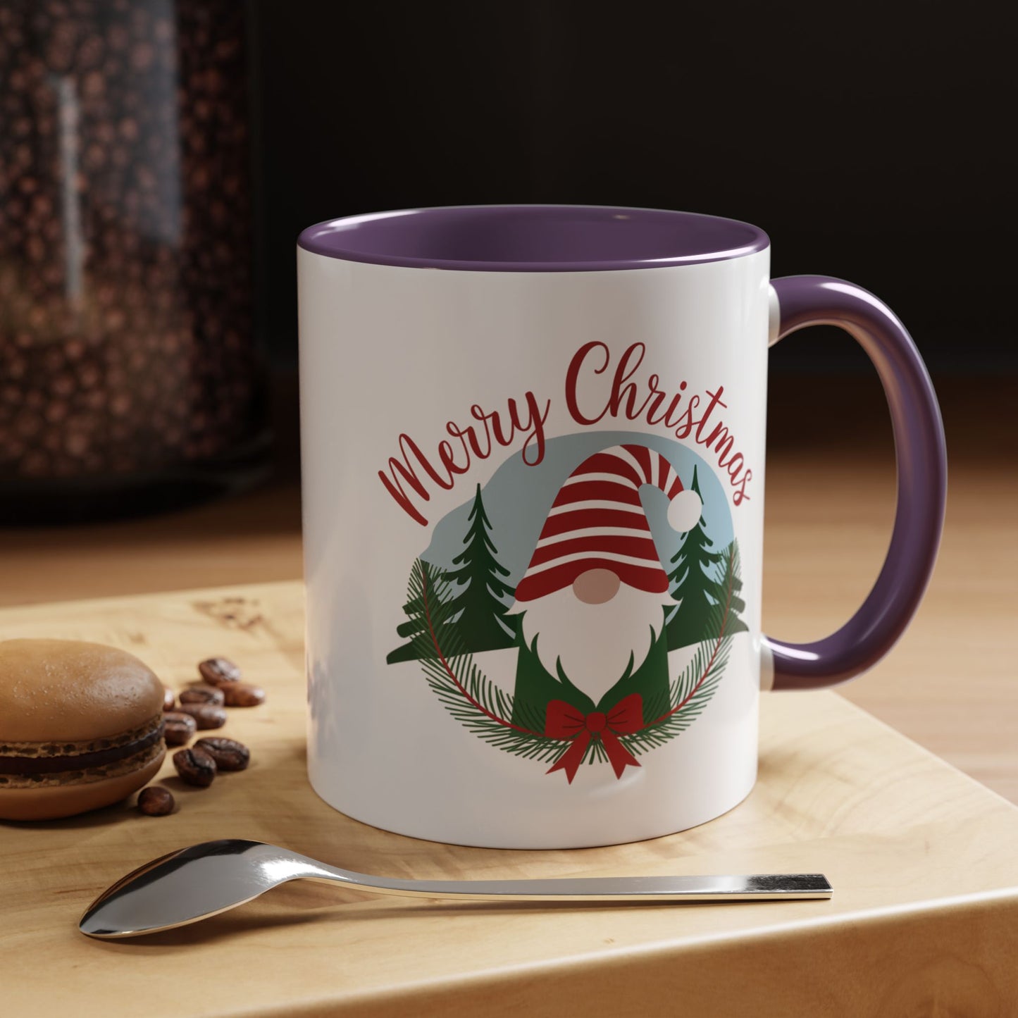 Christmas Mug - Merry Christmas Red Text Gnome Bow Tree
