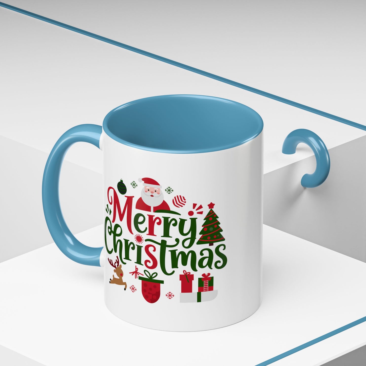 Christmas Mug - Merry Christmas Red & Green Text Santa Reindeer Tree Sleigh Ornaments