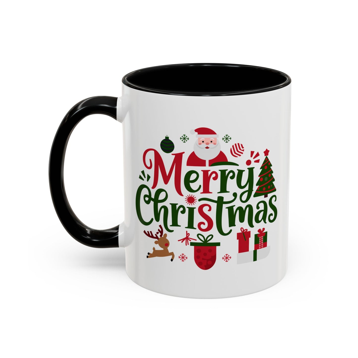 Christmas Mug - Merry Christmas Red & Green Text Santa Reindeer Tree Sleigh Ornaments