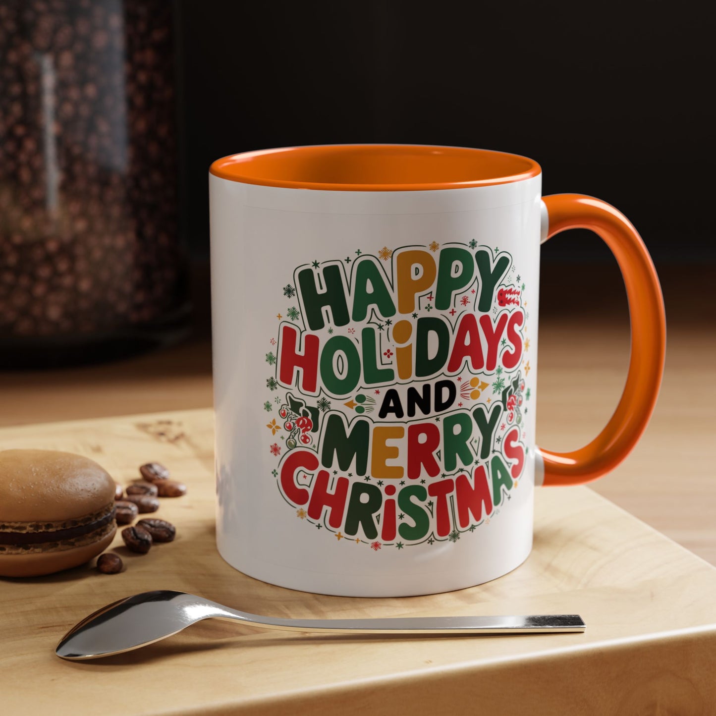 Christmas Mug - Happy Holidays and Merry Christmas Blue Green Yellow Red Text