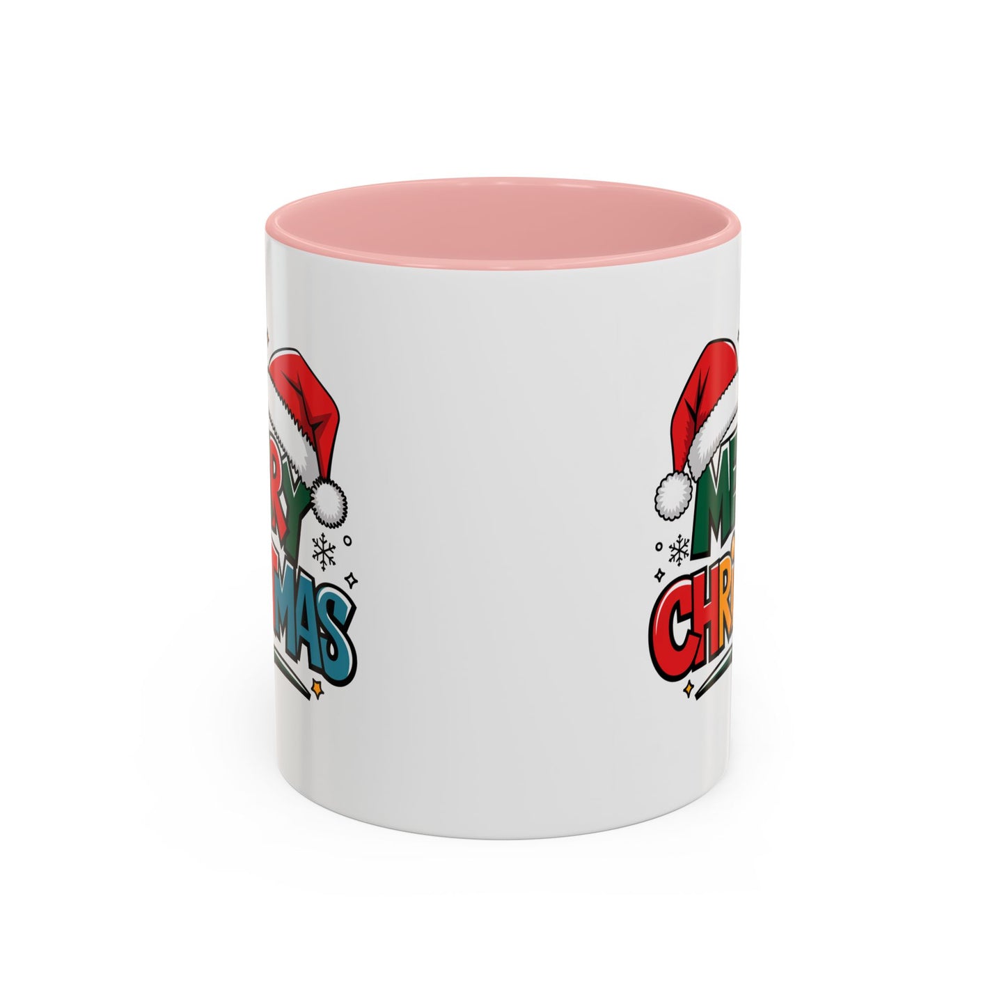 Christmas Mug - Merry Christmas Green Red Yellow and Blue Text Red Hats