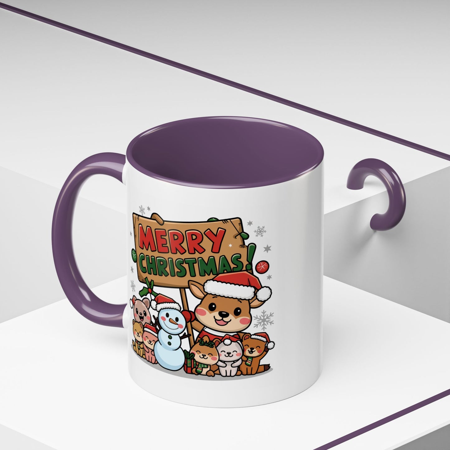 Christmas Mug - Merry Christmas Red & Green Text Reindeer Snowman