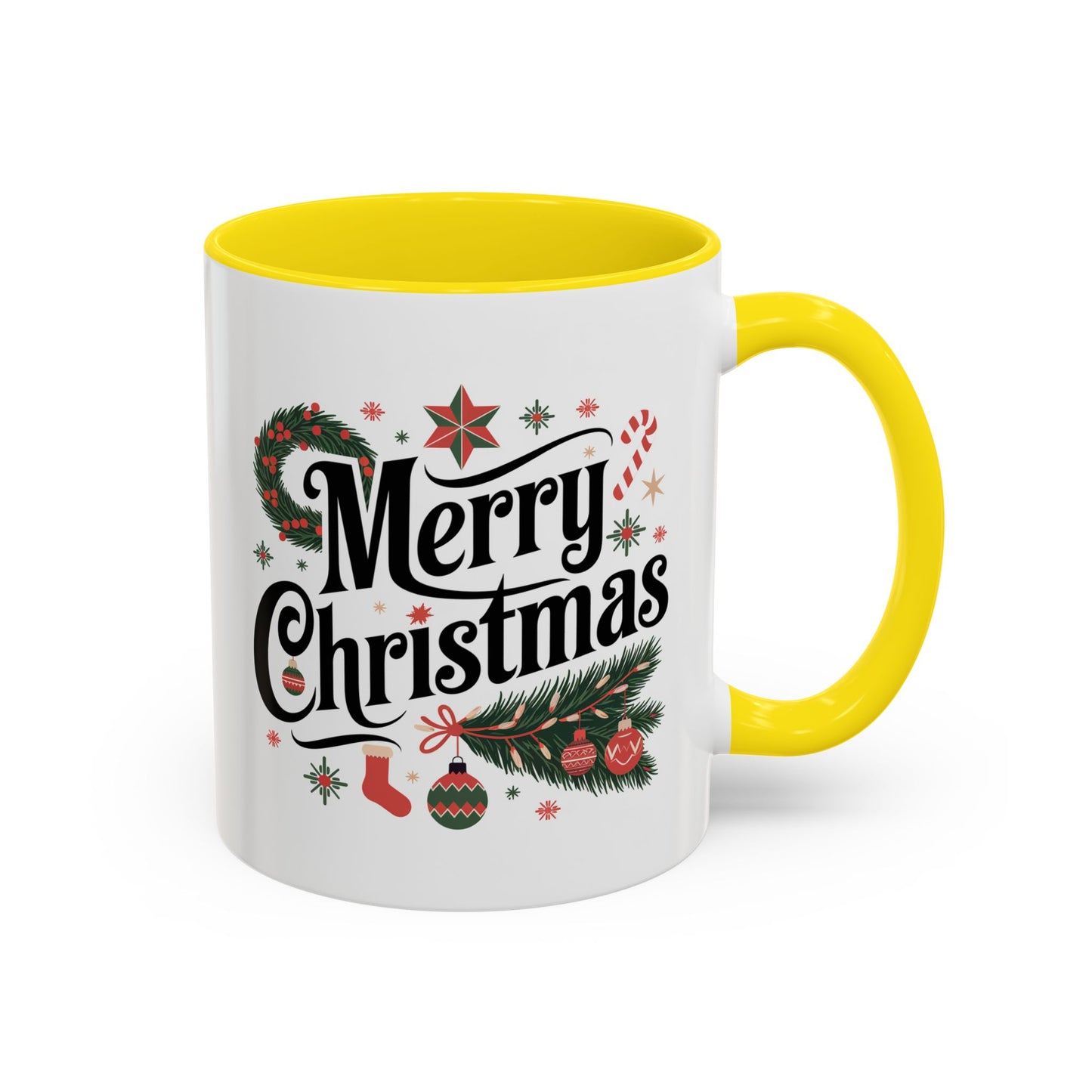 Christmas Mug - Merry Christmas Black Text Star Stocking Ornament Candy Cane