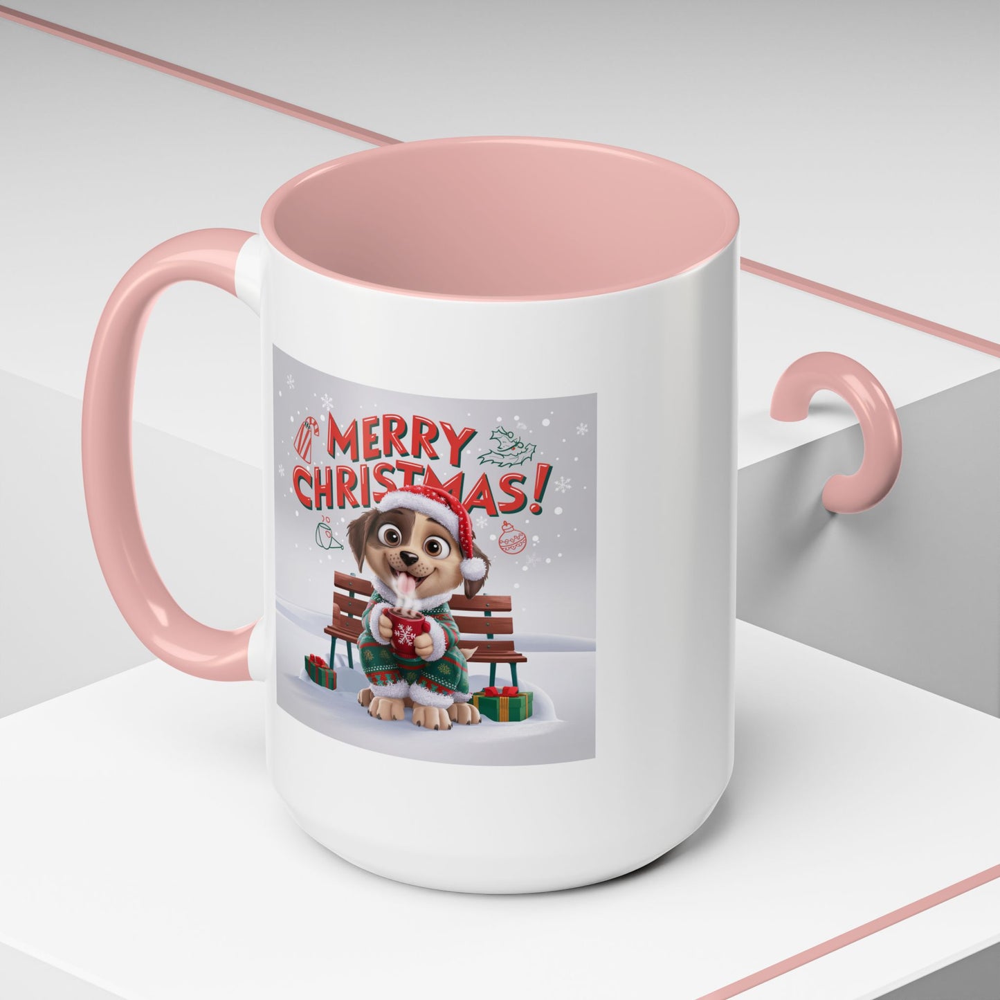 Christmas Mug - Merry Christmas Red Text Puppy Green Top