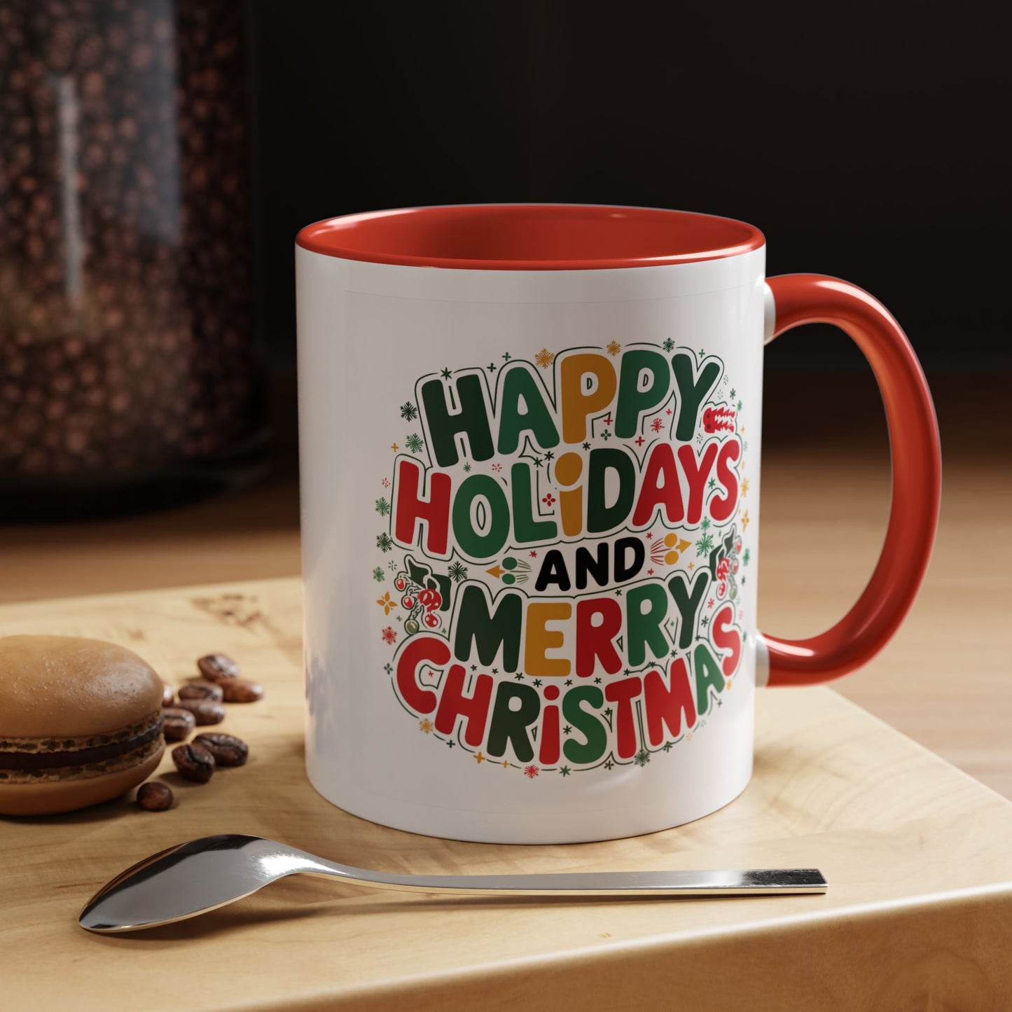 Christmas Mug - Happy Holidays and Merry Christmas Blue Green Yellow Red Text