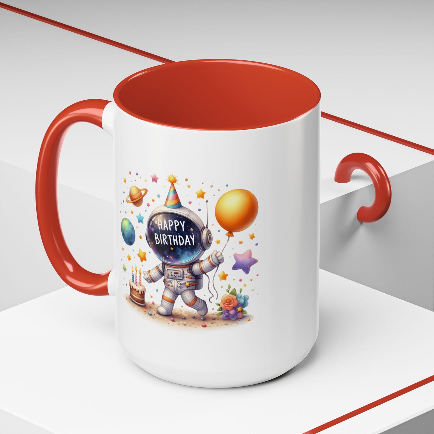 Birthday Mug - Happy Birthday Astronaut, Cake & Balloon