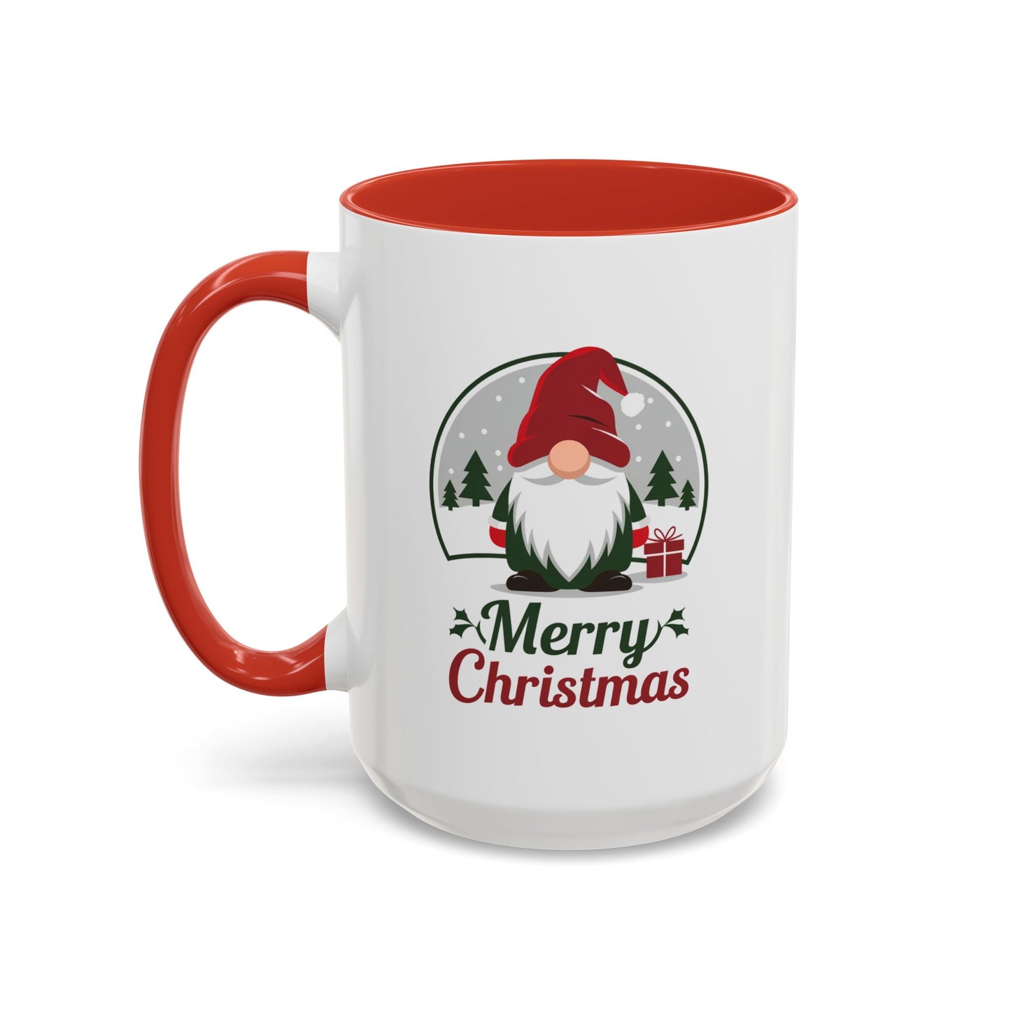 Christmas Mug - Merry Christmas Green & Red Text Gnome Present Trees