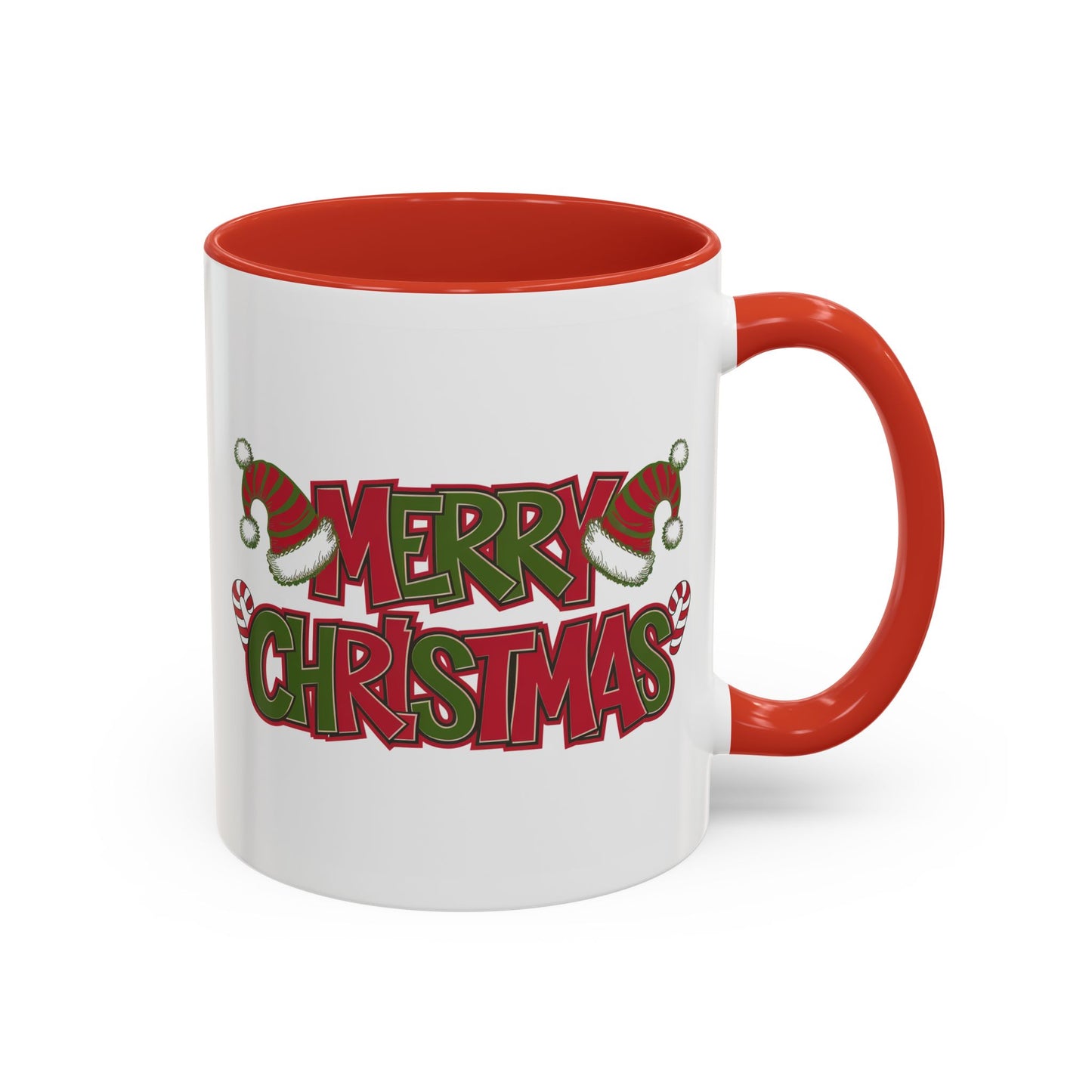 Christmas Mug - Merry Christmas Red & Green Text Hats Candy Canes