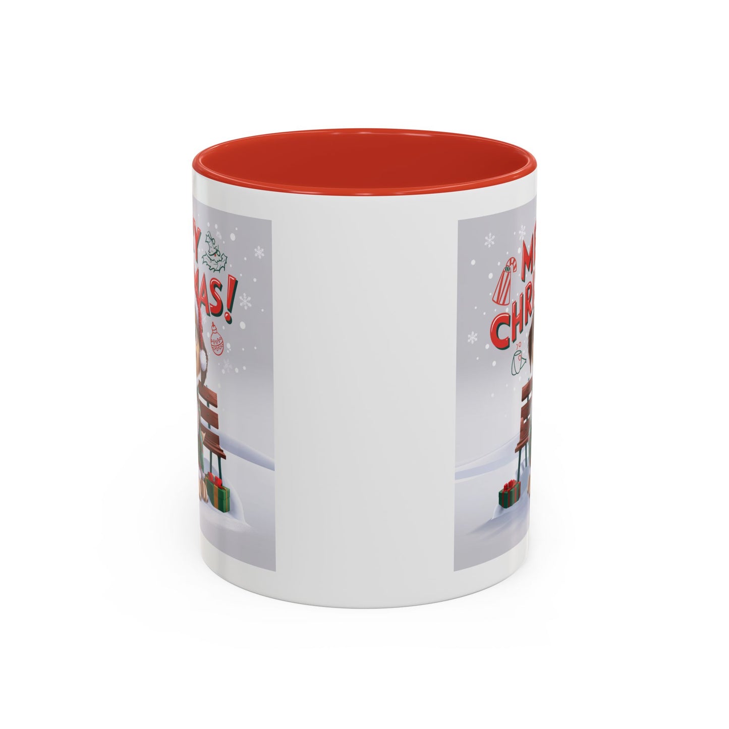 Christmas Mug - Merry Christmas Red Text Puppy Green Top