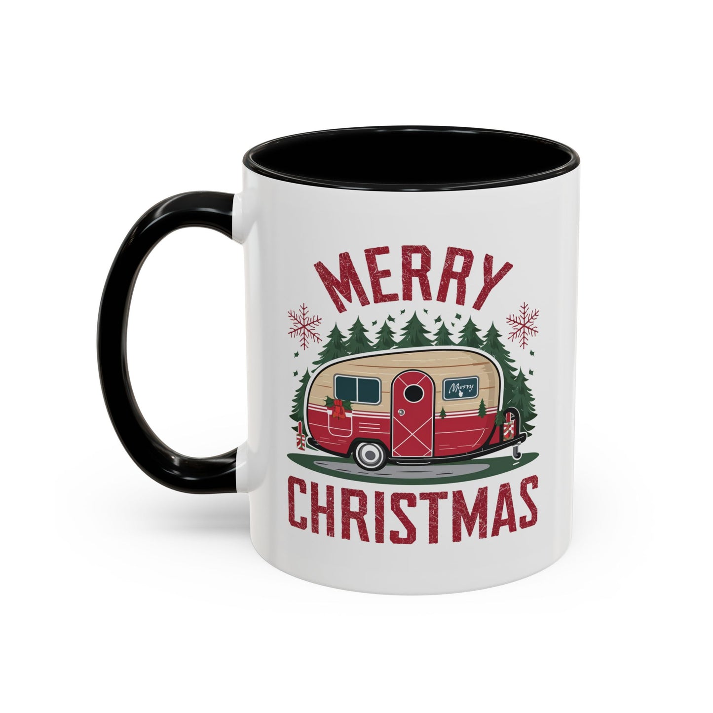 Christmas Mug - Merry Christmas Maroon Text Camper Trees Snowflakes