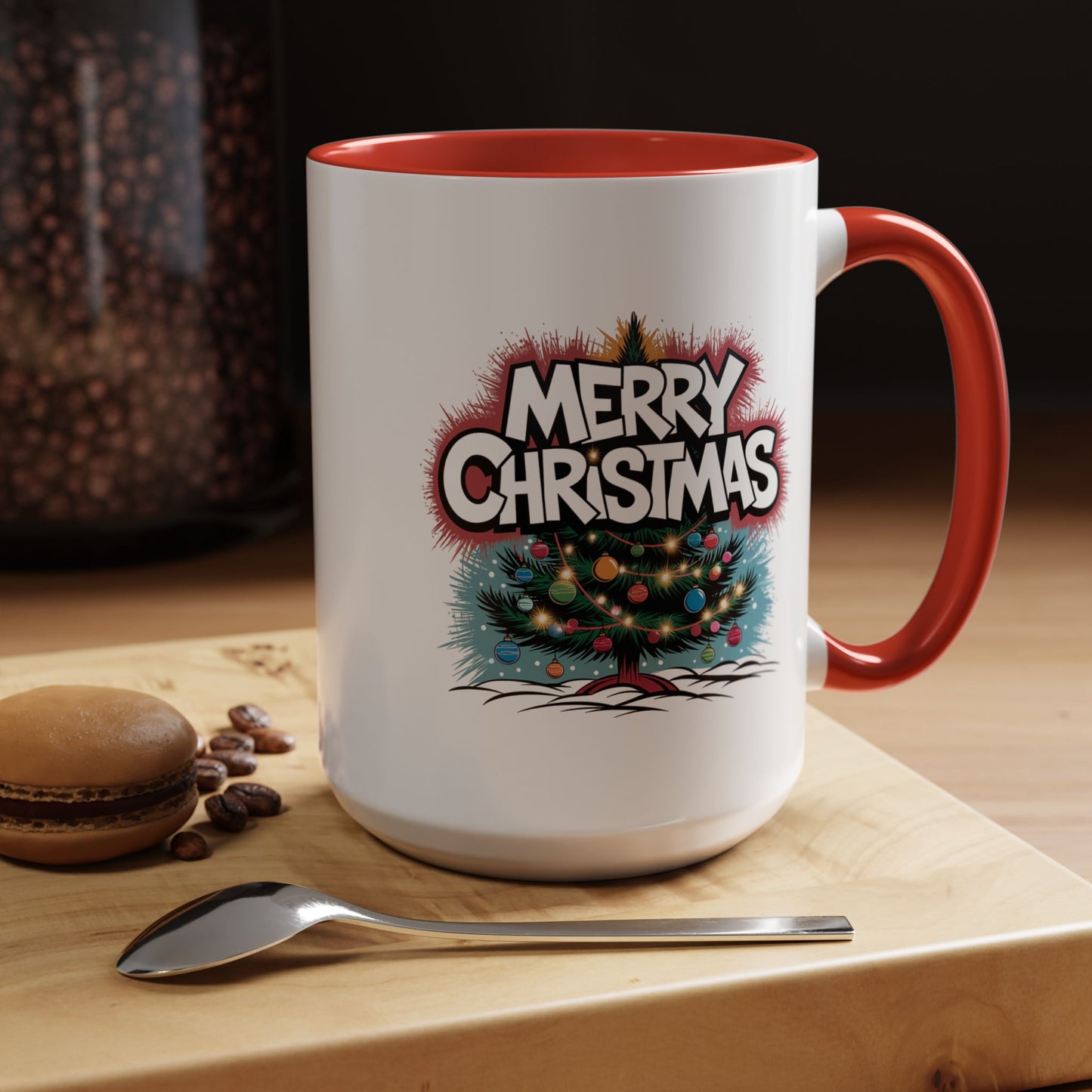 Christmas Mug - Merry Christmas White & Red Text Tree Lights