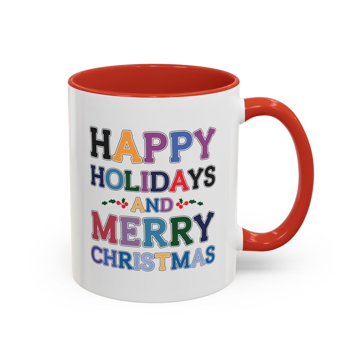 Christmas Mug - Happy Holidays and Merry Christmas Blue Yellow Purple Orange Red Text