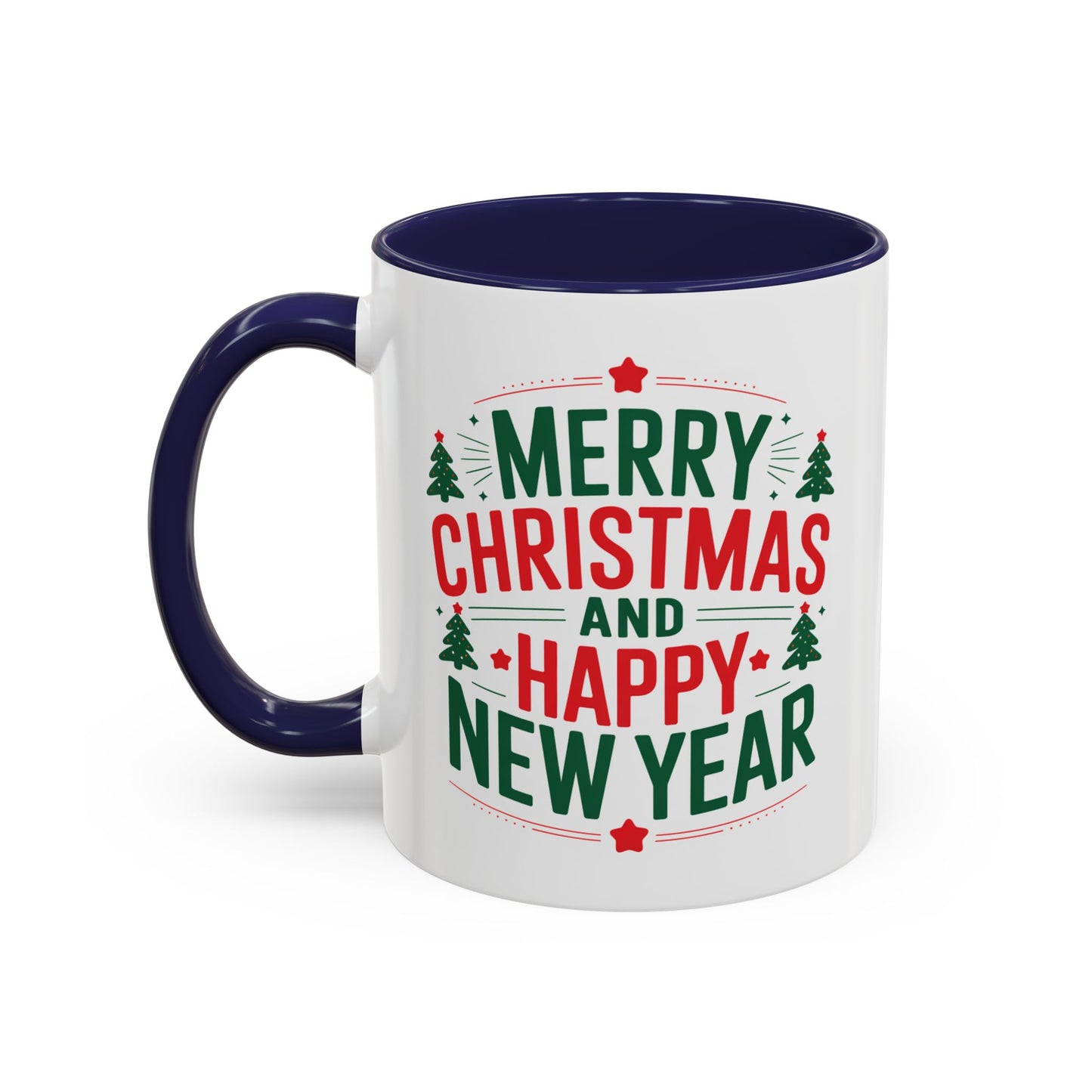 Christmas Mug - Merry Christmas and a Happy New Year Green & Red Text Trees Stars
