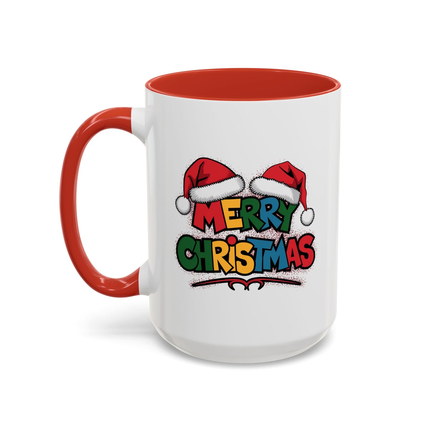 Christmas Mug - Merry Christmas Red Yellow & Blue Text Red Hats