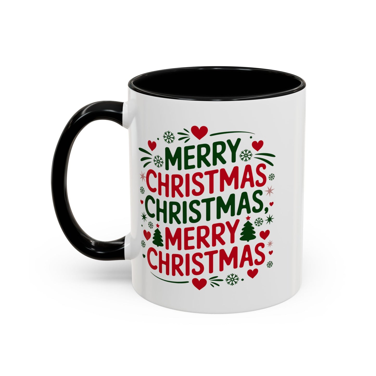 Christmas Mug - Merry Christmas Green & Red Text Trees Hearts Snowflakes Stars