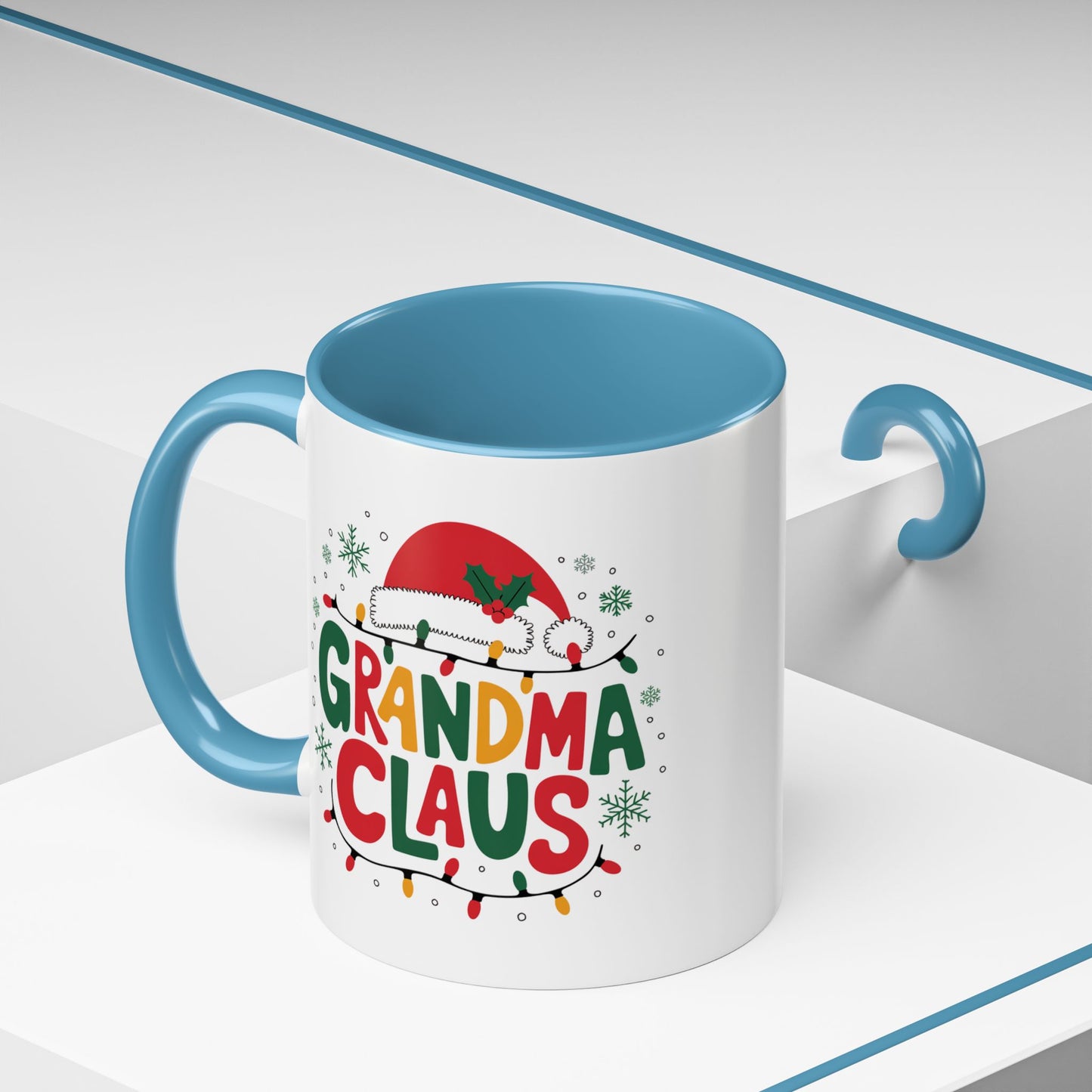 Christmas Mug - Grandma Claus Green Yellow & Red Text Hat Lights Stars