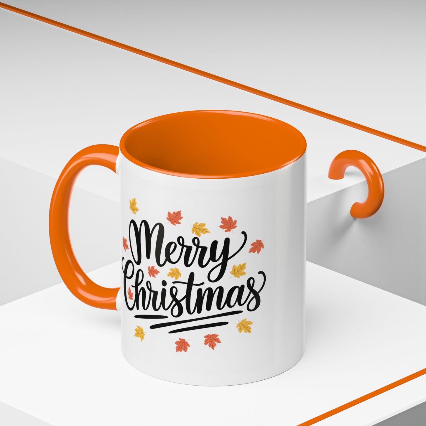 Christmas Mug - Merry Christmas Black Text Fall Leaves