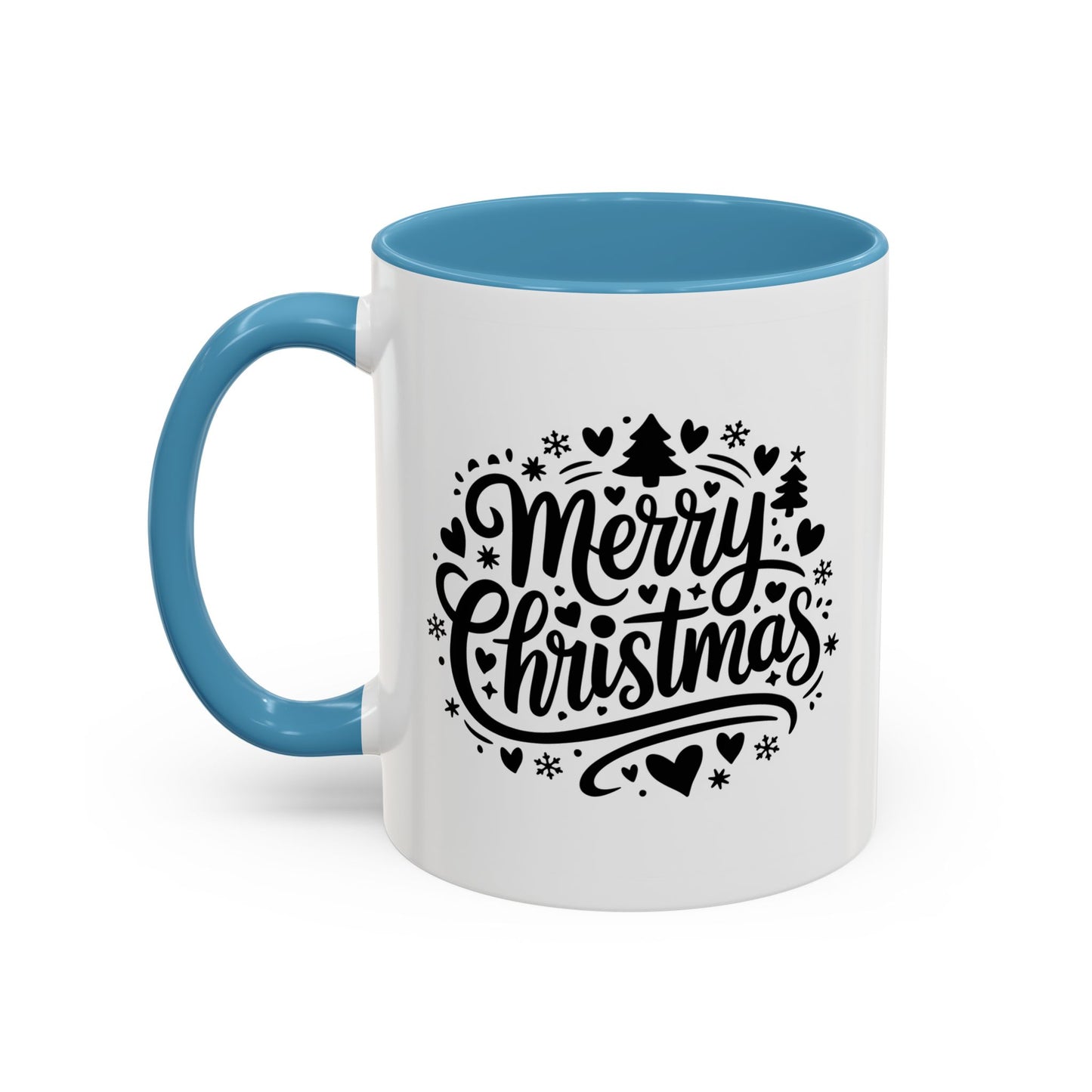 Christmas Mug - Merry Christmas Black Text Trees Snowflakes Hearts