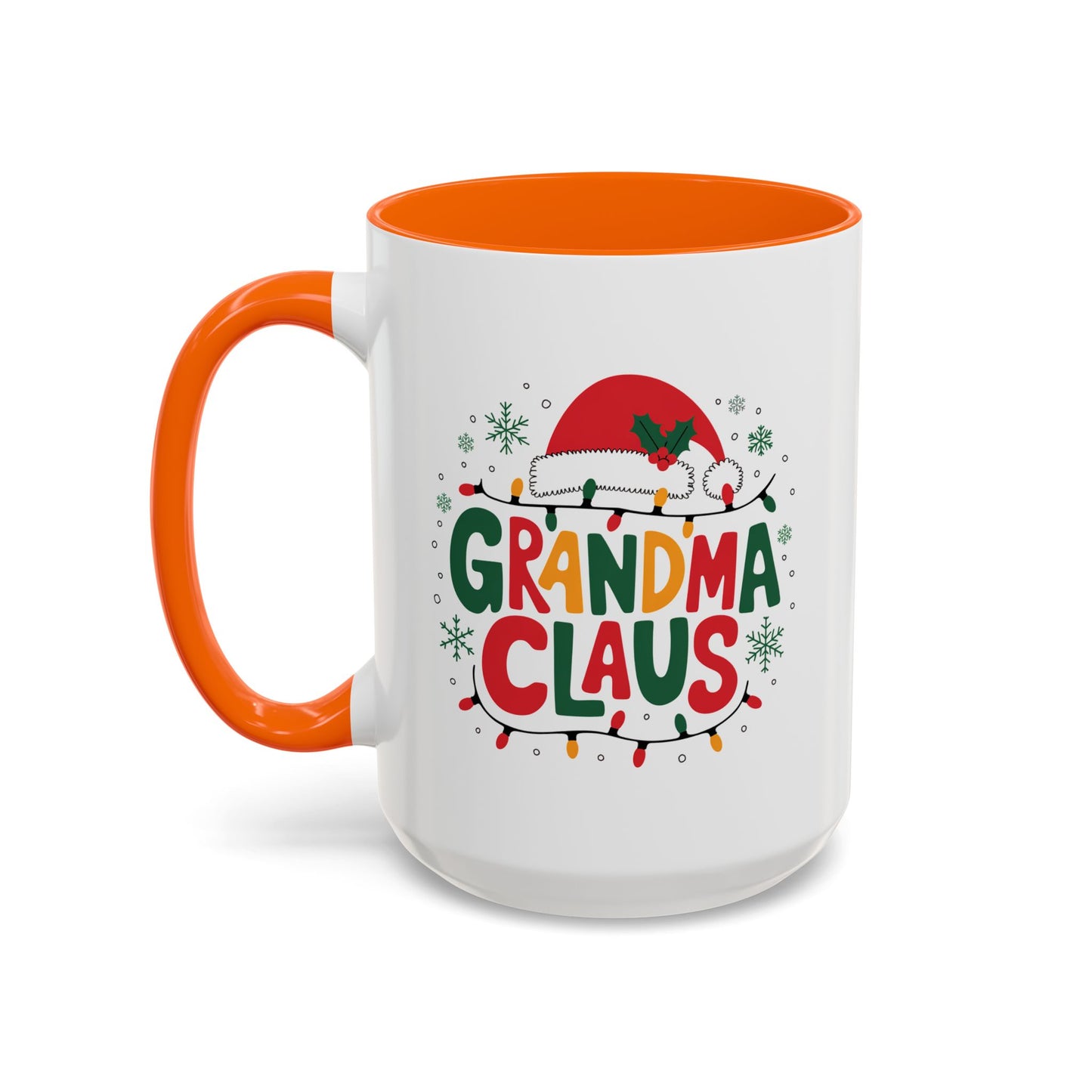Christmas Mug - Grandma Claus Green Yellow & Red Text Hat Lights Stars