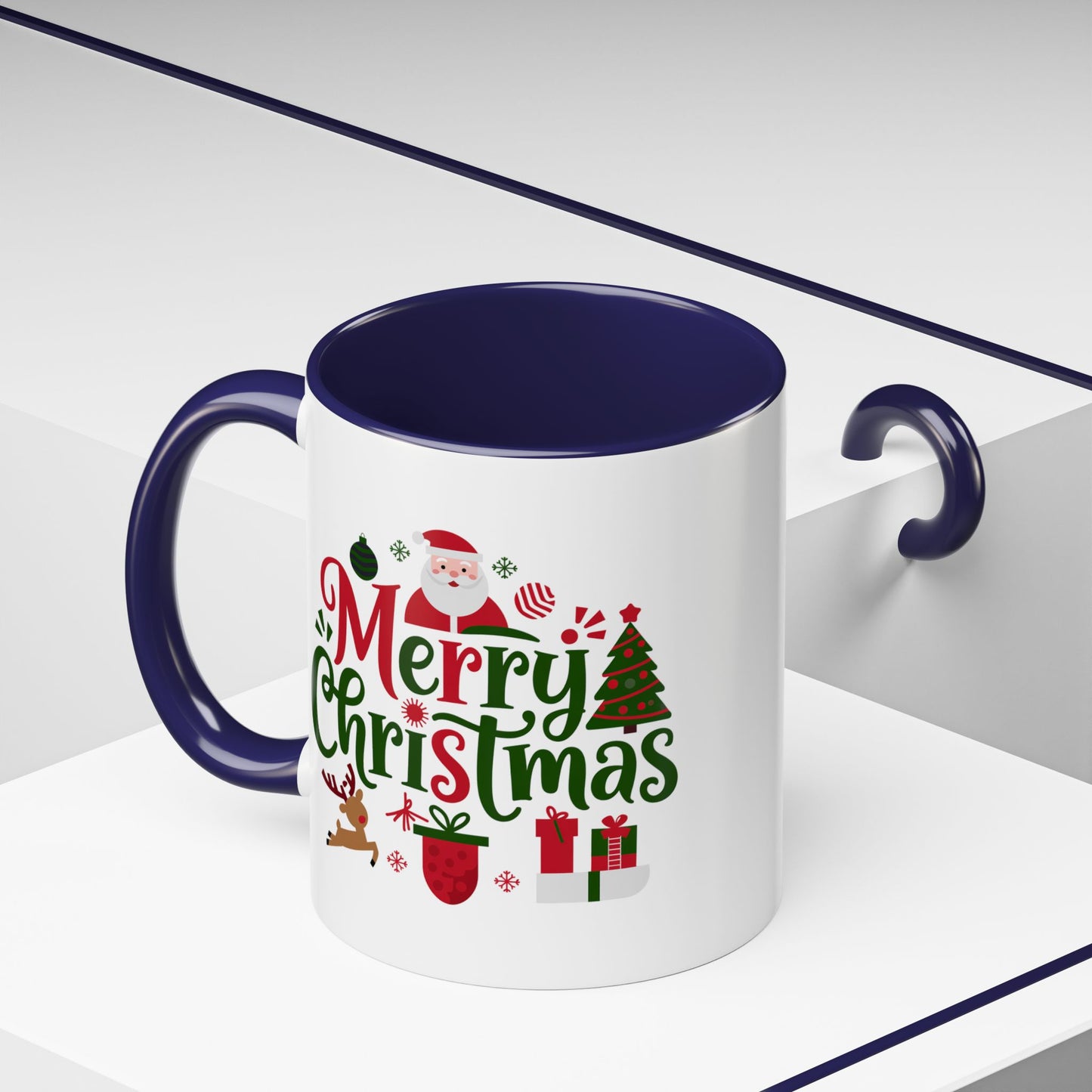 Christmas Mug - Merry Christmas Red & Green Text Santa Reindeer Tree Sleigh Ornaments