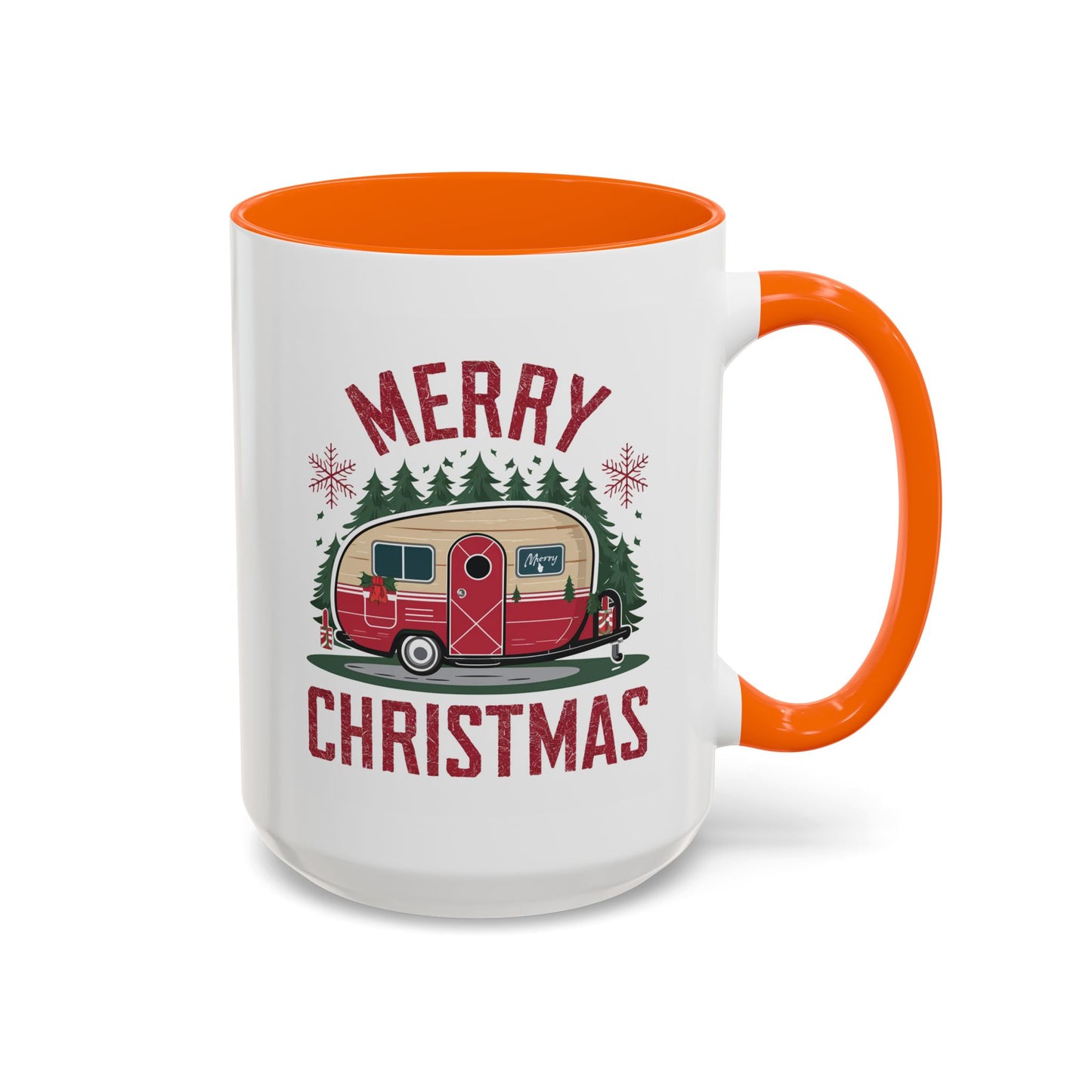 Christmas Mug - Merry Christmas Maroon Text Camper Trees Snowflakes
