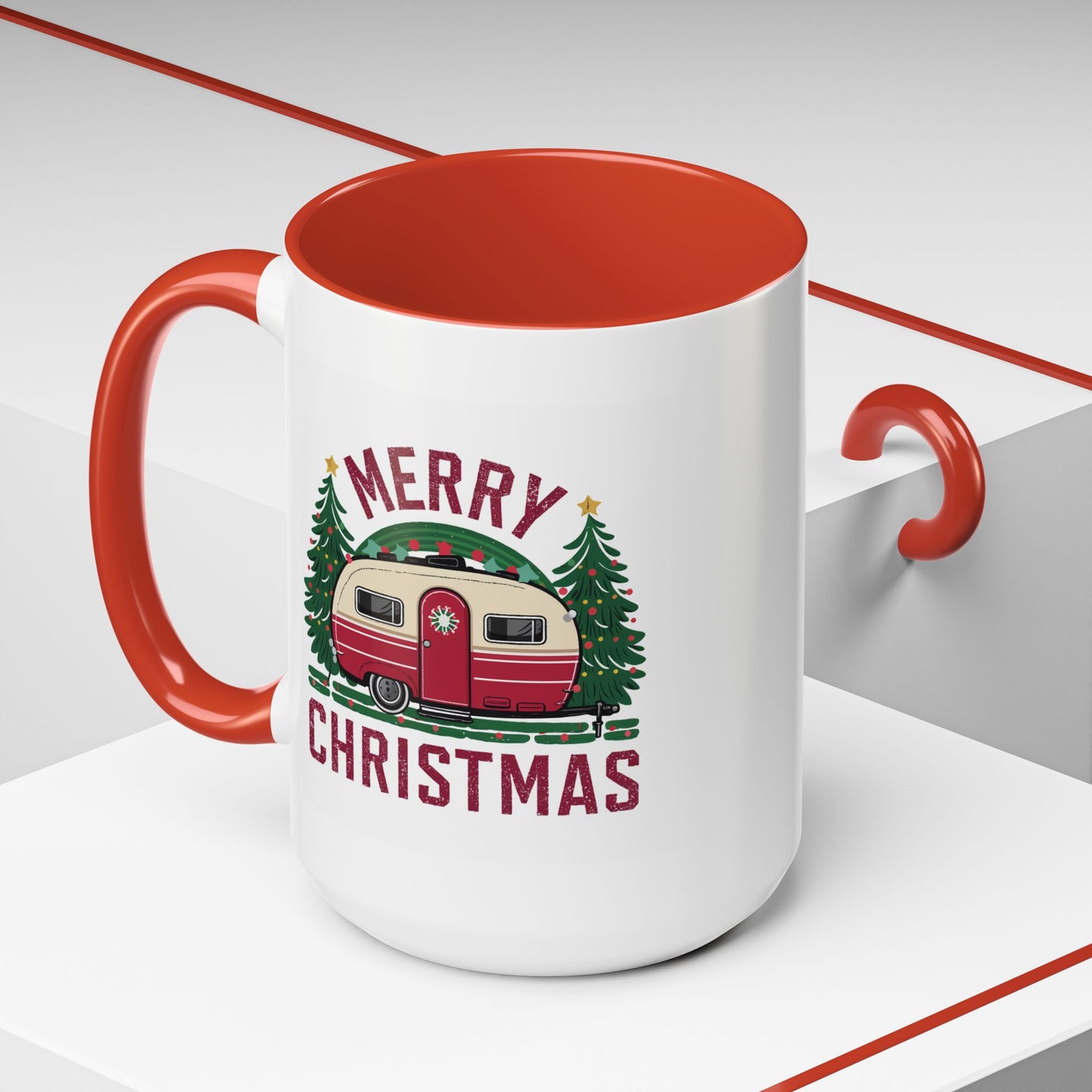 Christmas Mug - Merry Christmas Maroon Text Camper Trees
