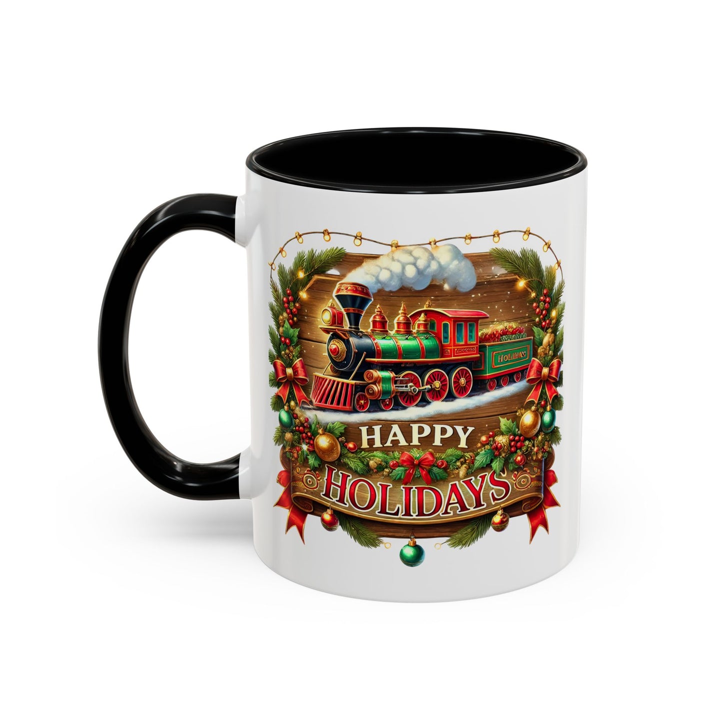 Christmas Mug - Happy Holidays White & Red Text Steam Locomotive